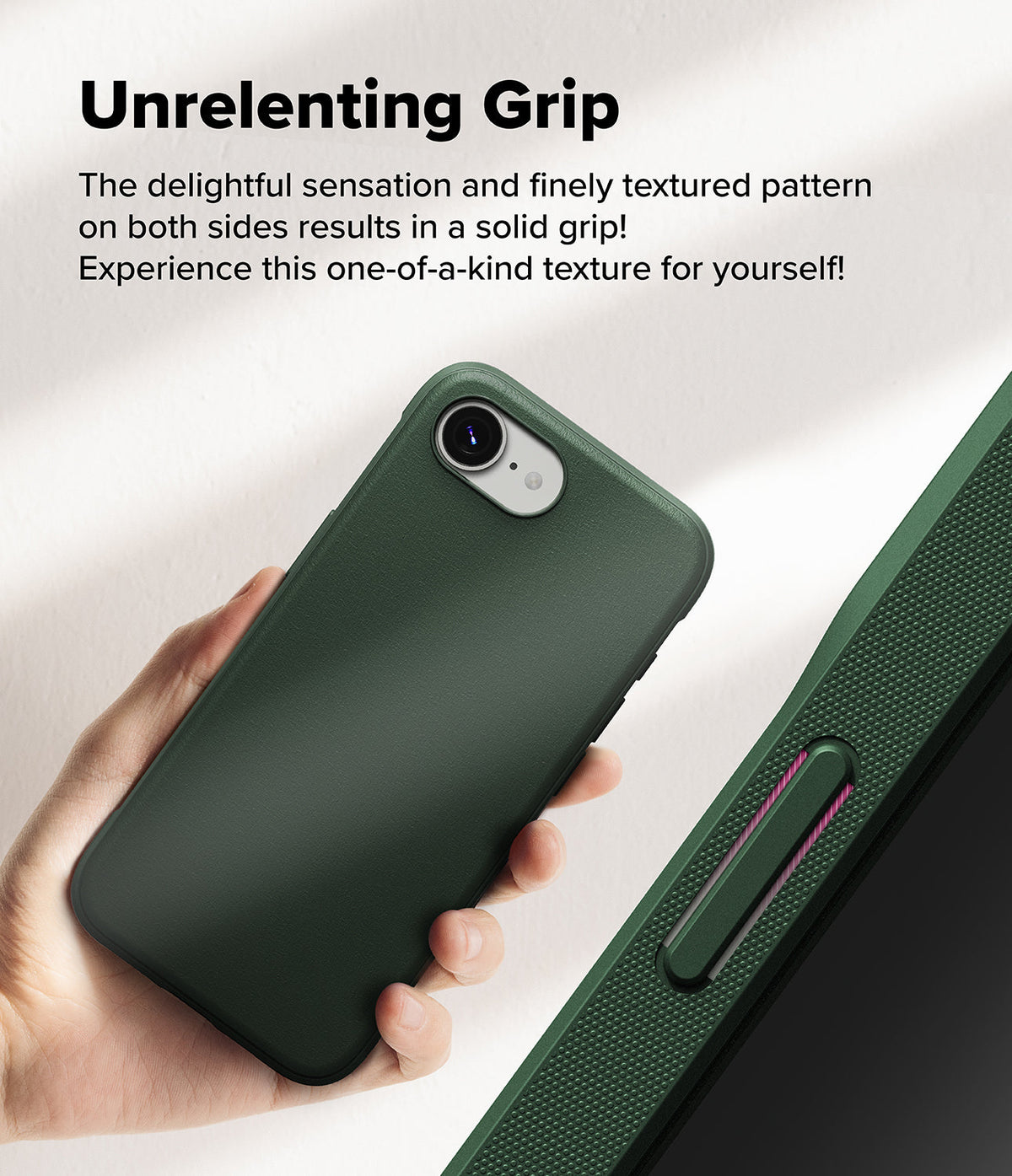 iPhone 16e Case | Onyx - A hand holding a dark green phone case with a textured side grip and smooth back panel.