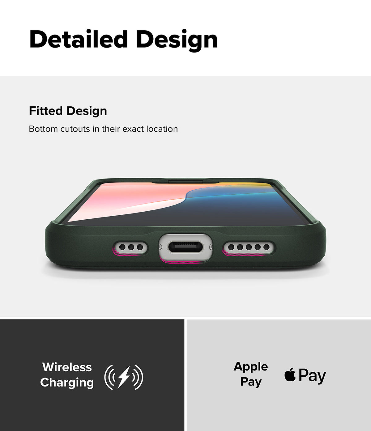 iPhone 16e Case | Onyx - Bottom view of a dark green phone case showing precise cutouts for the charging port and speakers.