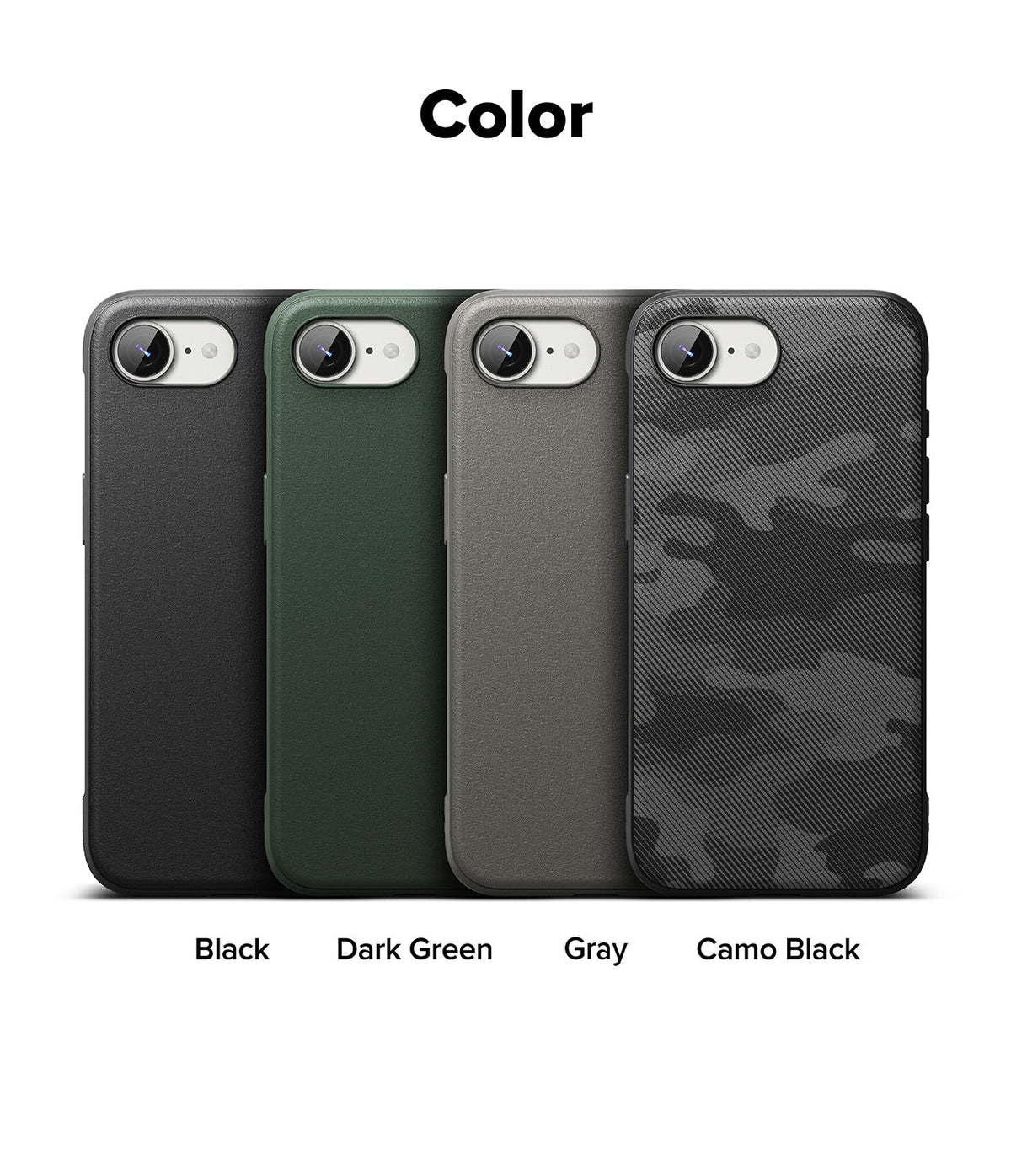 iPhone 16e Case | Onyx - Four iPhone 16e cases in black, dark green, gray, and camo black arranged side-by-side.