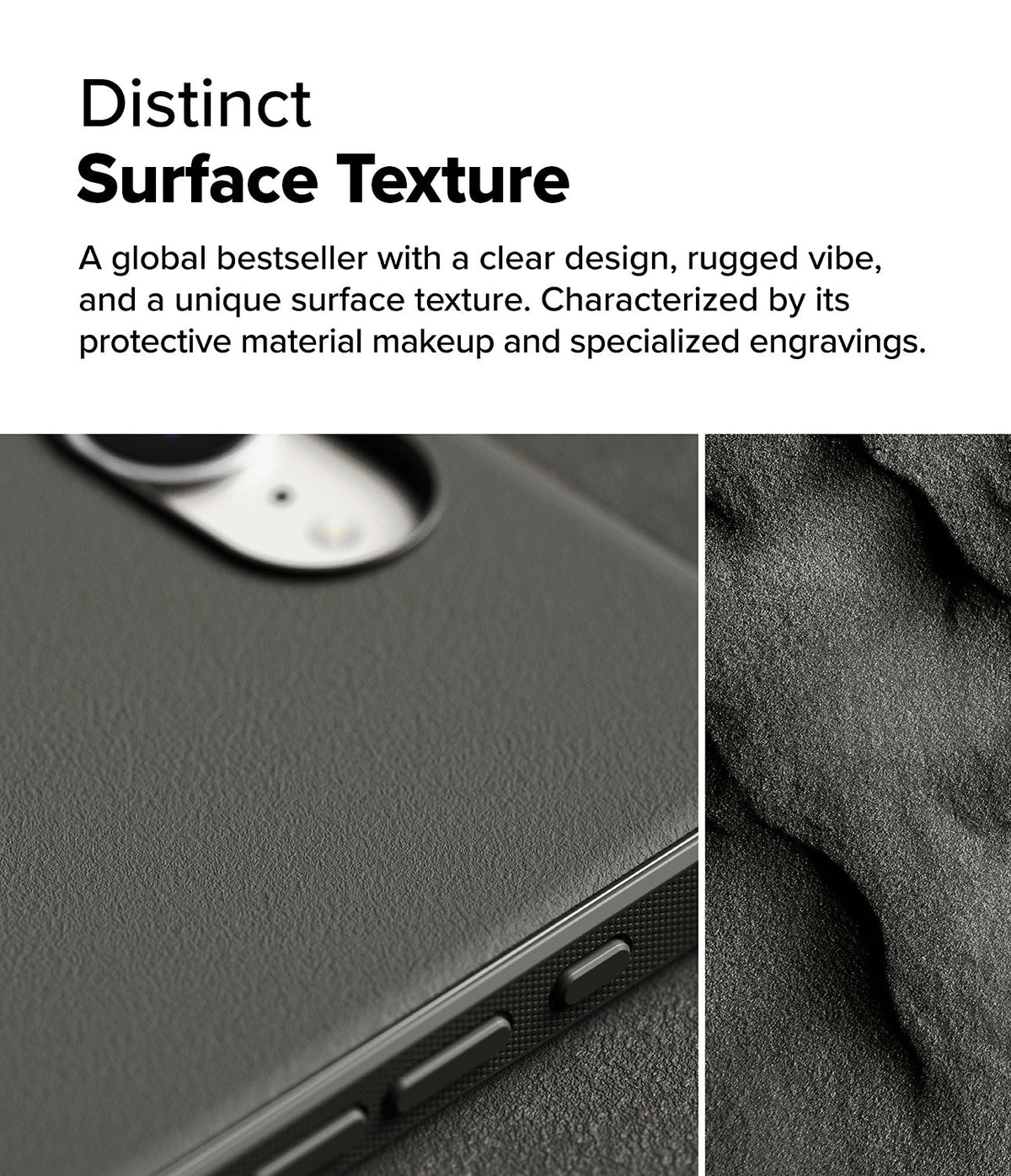 iPhone 16e Case | Onyx - Close-up of a matte black phone case with a textured surface and rugged side grip details.
