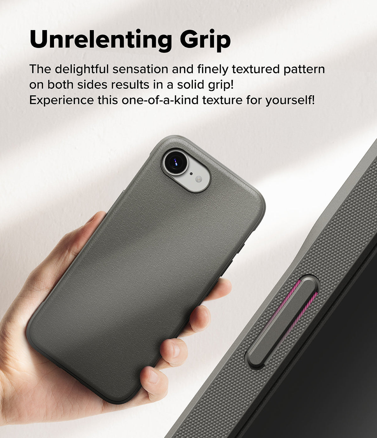 iPhone 16e Case | Onyx - Hand holding a textured dark gray phone case next to a close-up of its side grip pattern.