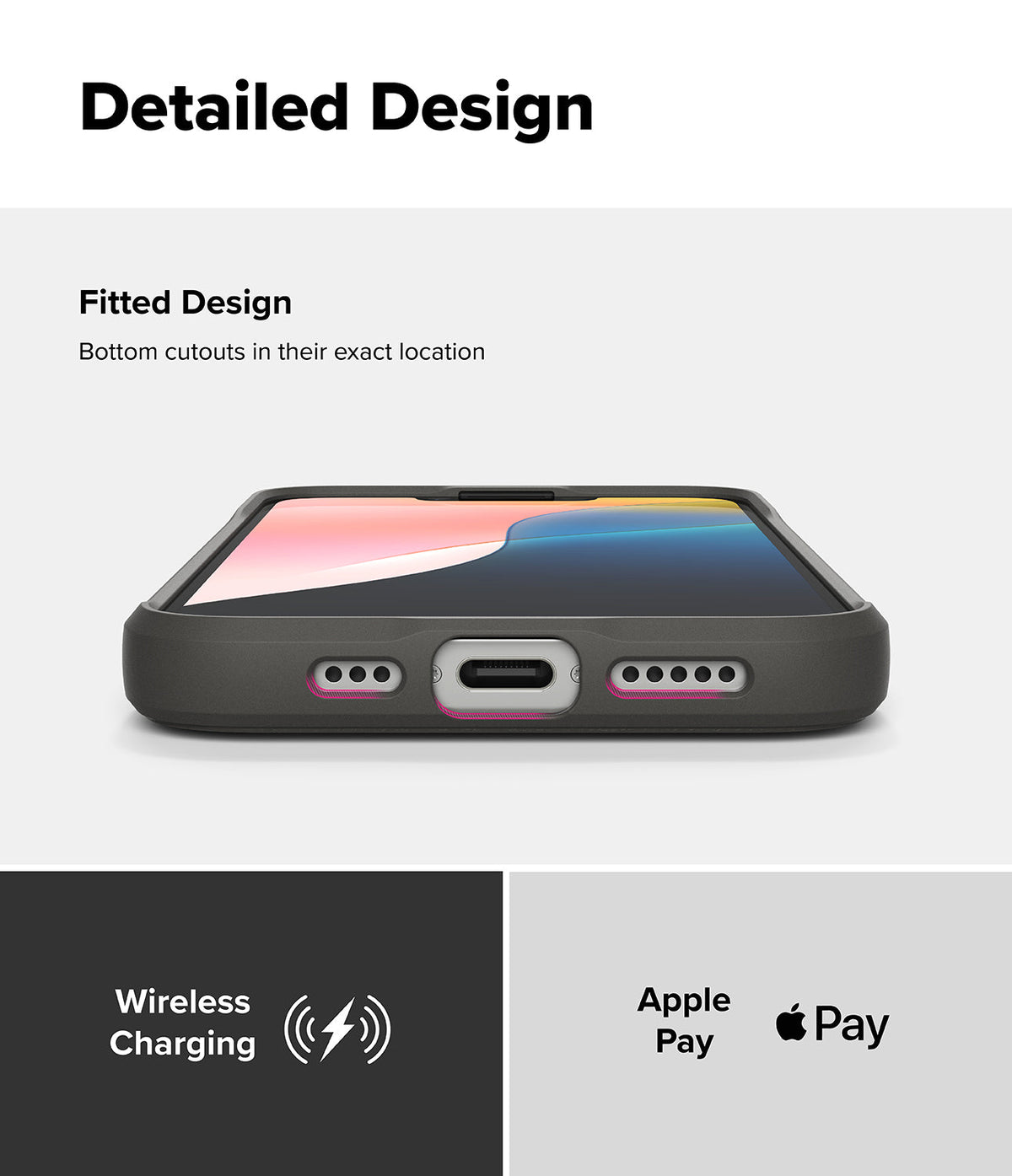 iPhone 16e Case | Onyx - Bottom view of a black phone case showing precise speaker and charging port cutouts with charging icons.