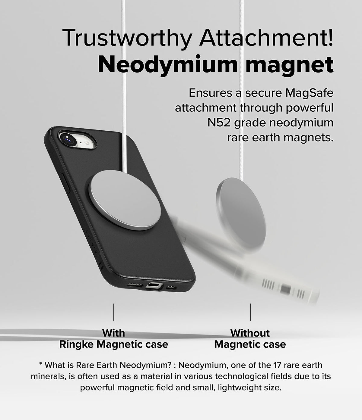 iPhone 16e Case | Onyx Magnetic - Comparison showing a magnetic disc attached to a phone case versus falling away.