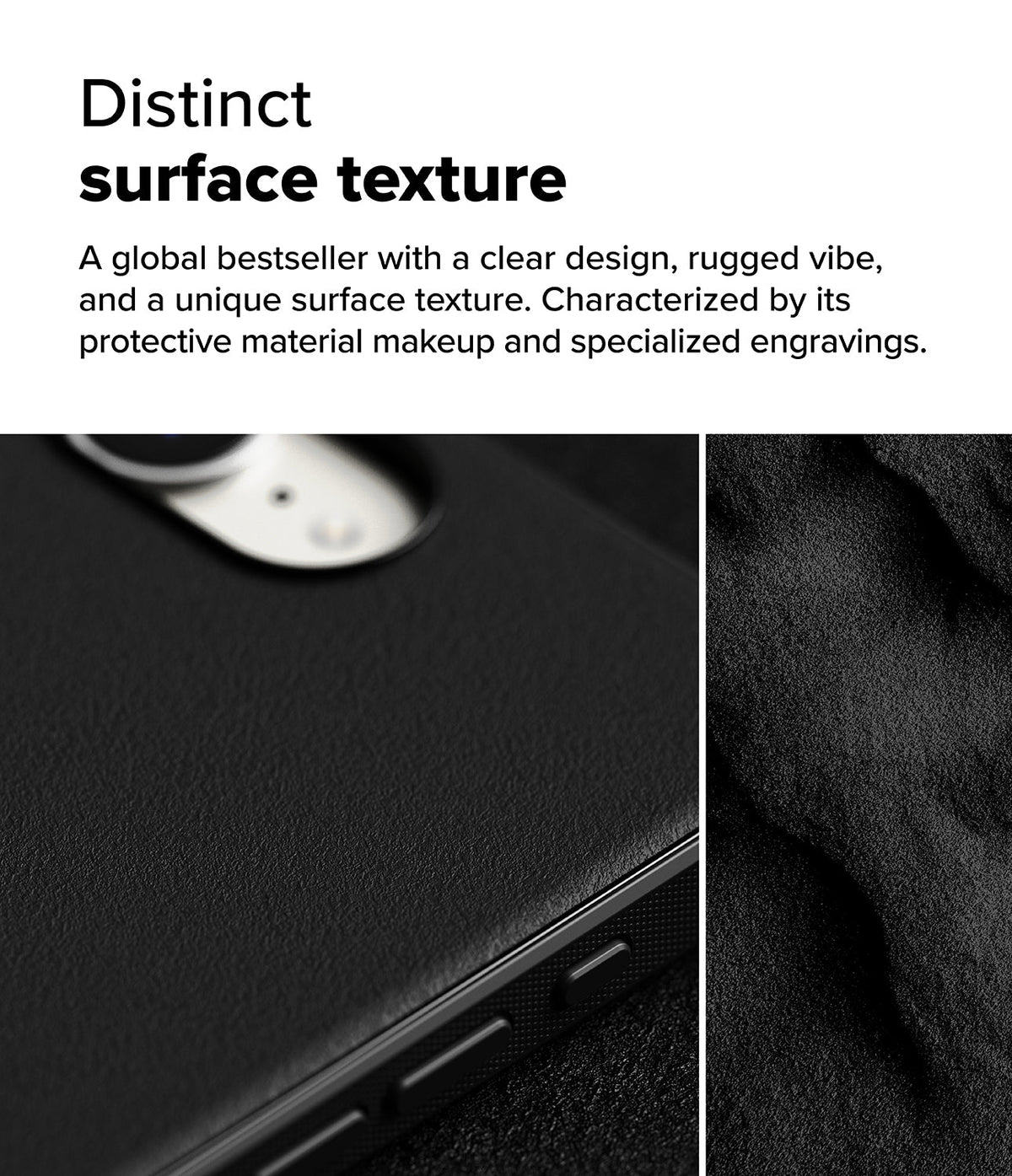 iPhone 16e Case | Onyx Magnetic - Close-up of a black textured phone case next to a rugged, dark stone-like surface.