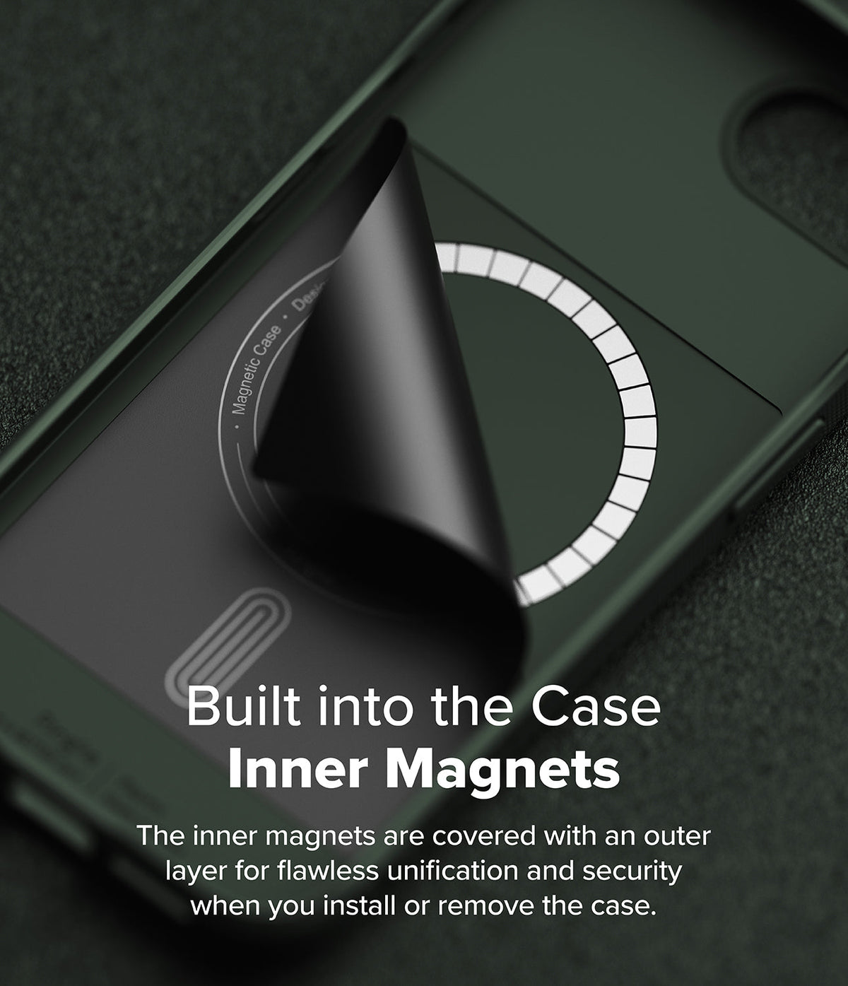 iPhone 16e Case | Onyx Magnetic - Dark green phone case with a partially peeled inner layer revealing a circular magnetic array.