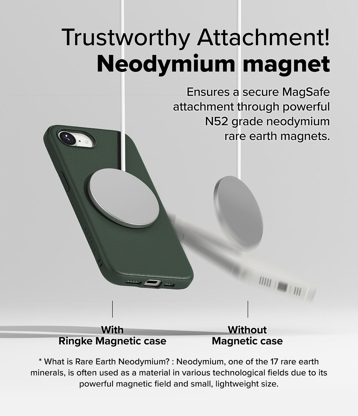 iPhone 16e Case | Onyx Magnetic - Dark green phone case securely attached to a magnetic charger versus one falling off.
