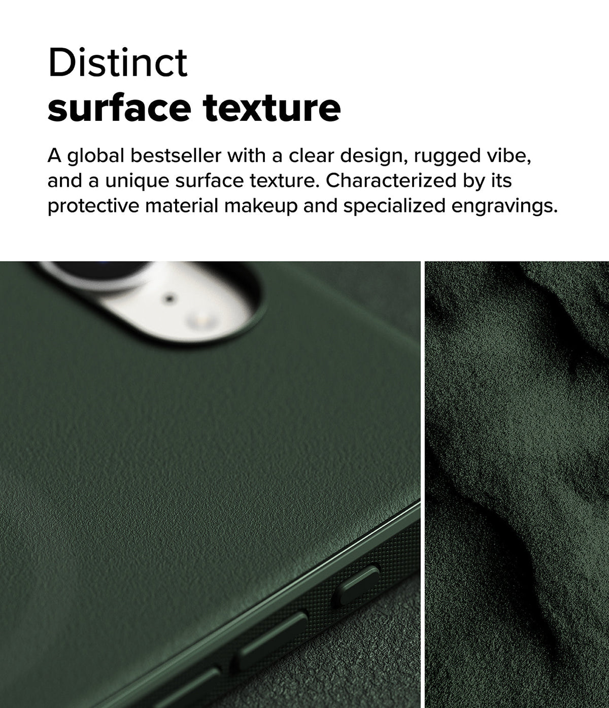 iPhone 16e Case | Onyx Magnetic - Close-up of a dark green phone case with a textured, rugged surface and side buttons.