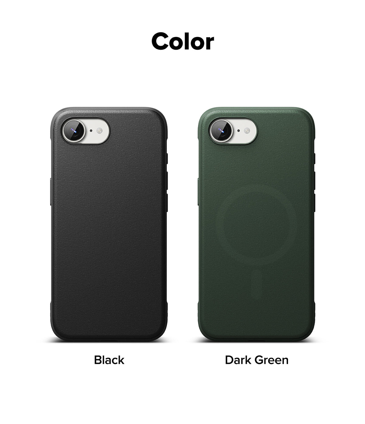 iPhone 16e Case | Onyx Magnetic - Two iPhone 16e cases in black and dark green, showing rear camera cutouts and magnetic rings.