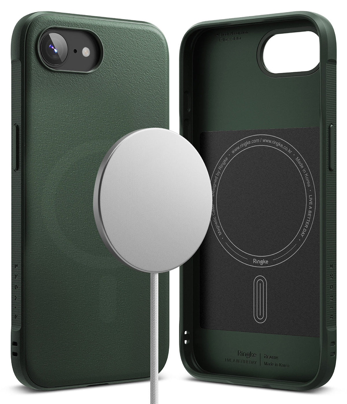 iPhone 16e Case | Onyx Magnetic - Dark green phone case shown from back and interior with a silver magnetic charger.
