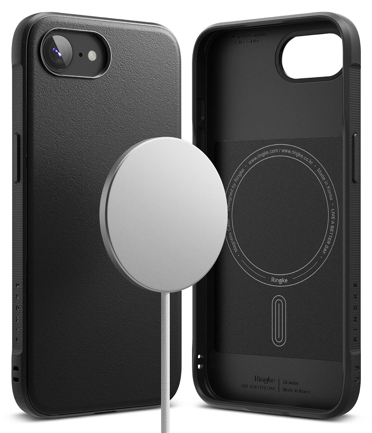 iPhone 16e Case | Onyx Magnetic - Black magnetic phone case shown from front and back with a circular magnetic charger.