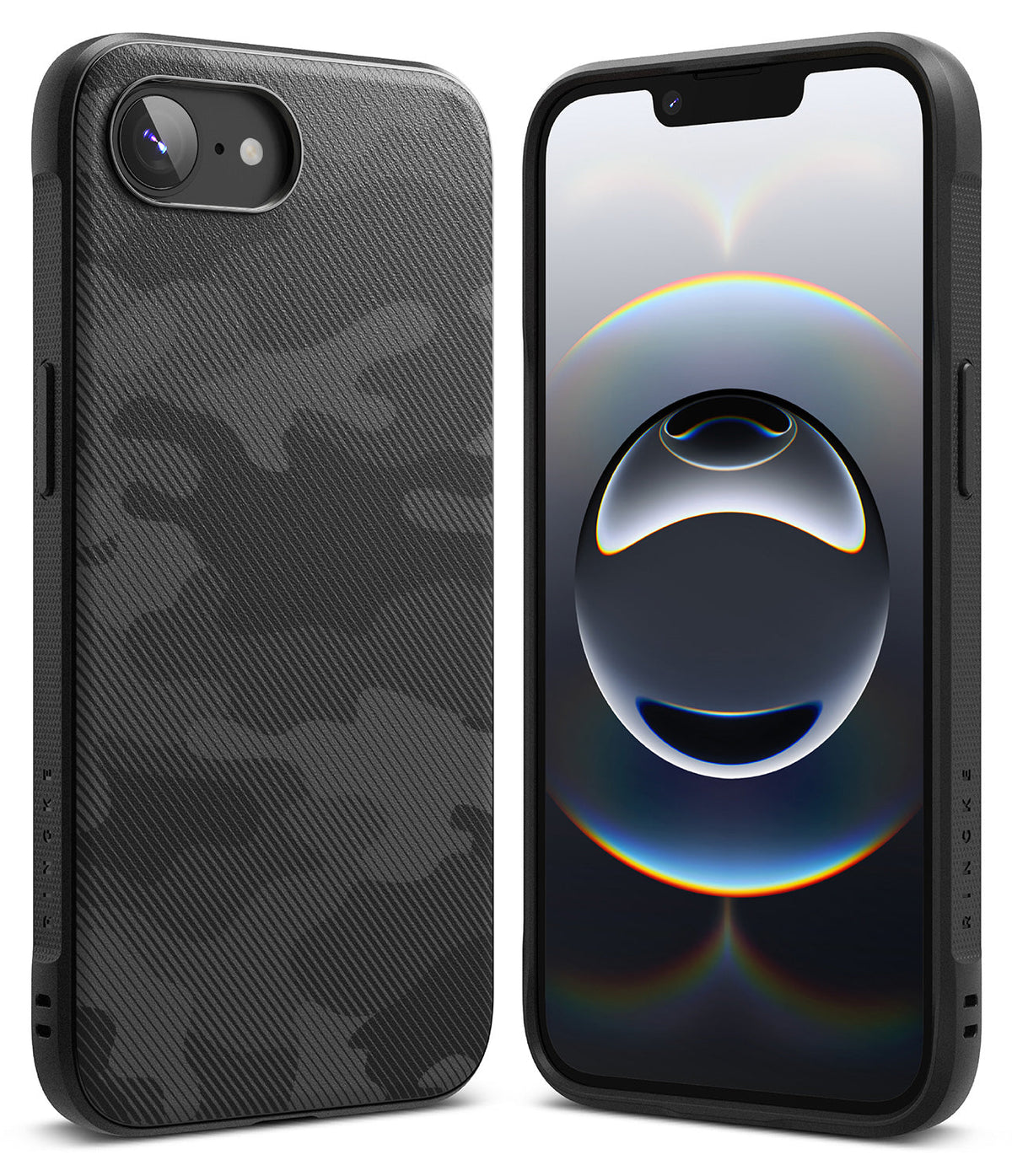 iPhone 16e Case | Onyx - Black phone case with a textured camo pattern shown from the back and front on an iPhone.
