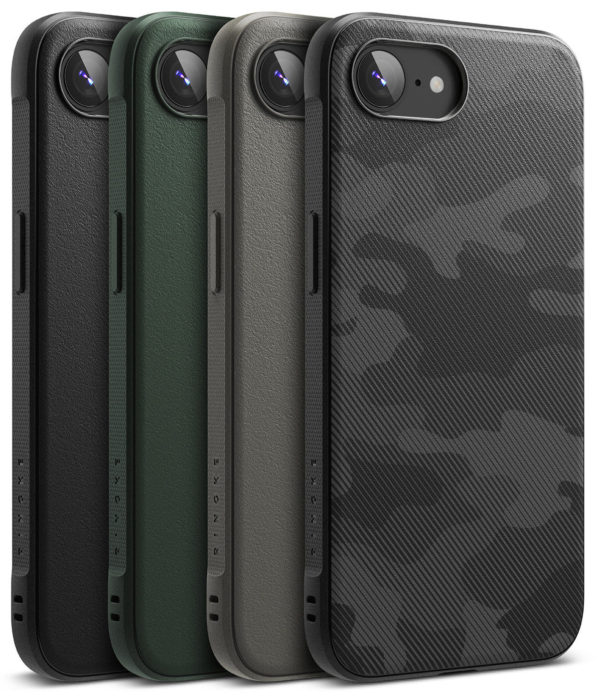 iPhone 16e Case | Onyx - Four iPhone 16e cases in black, green, gray, and black camo, shown from a rear-angle perspective.