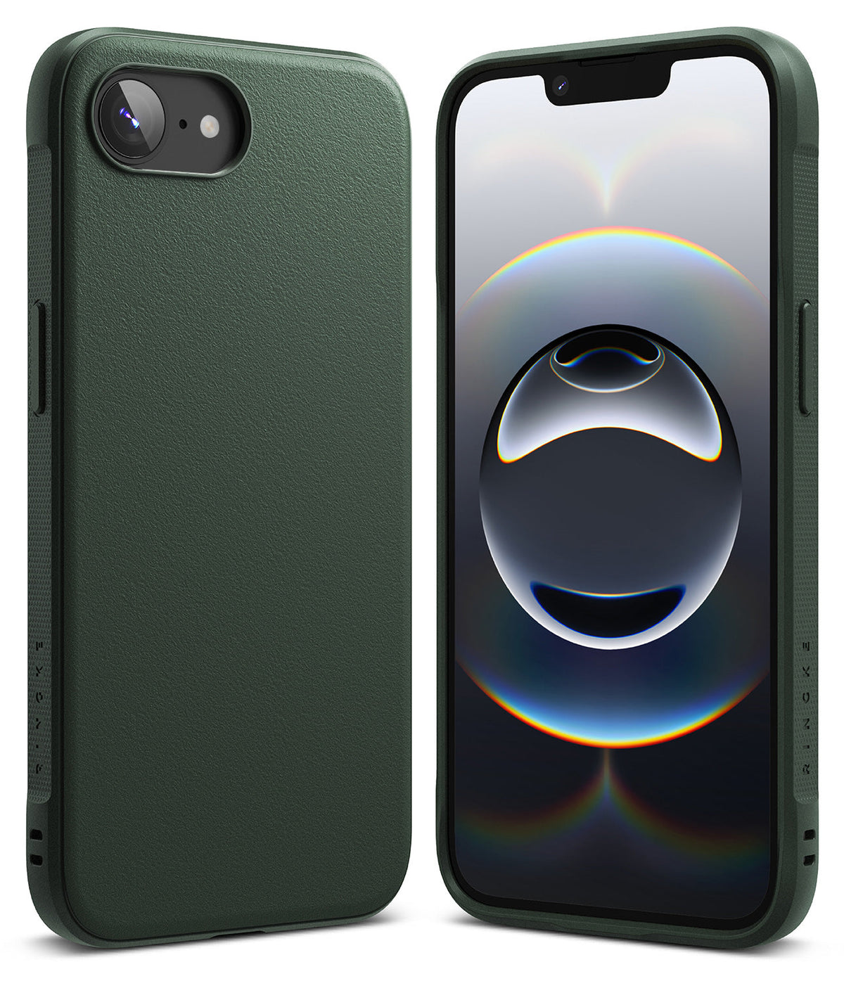 iPhone 16e Case | Onyx - Front and back views of a dark green textured phone case on an iPhone with a colorful abstract screen.