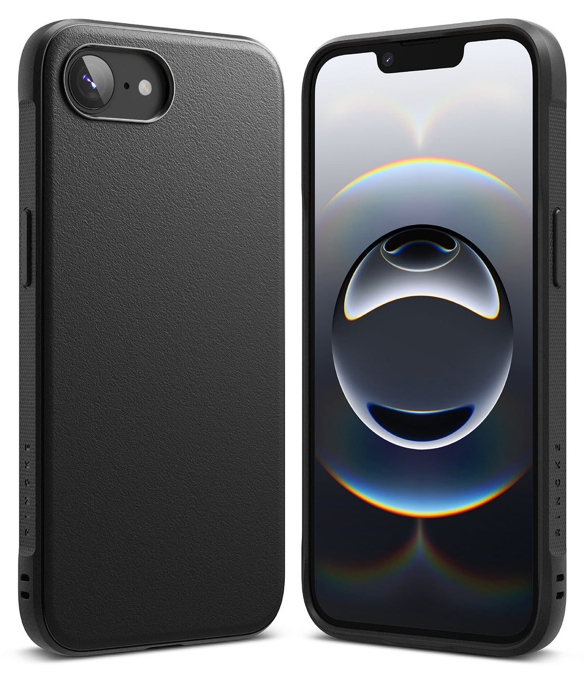 iPhone 16e Case | Onyx - Matte black protective phone case shown from the back and front with a vibrant abstract wallpaper.