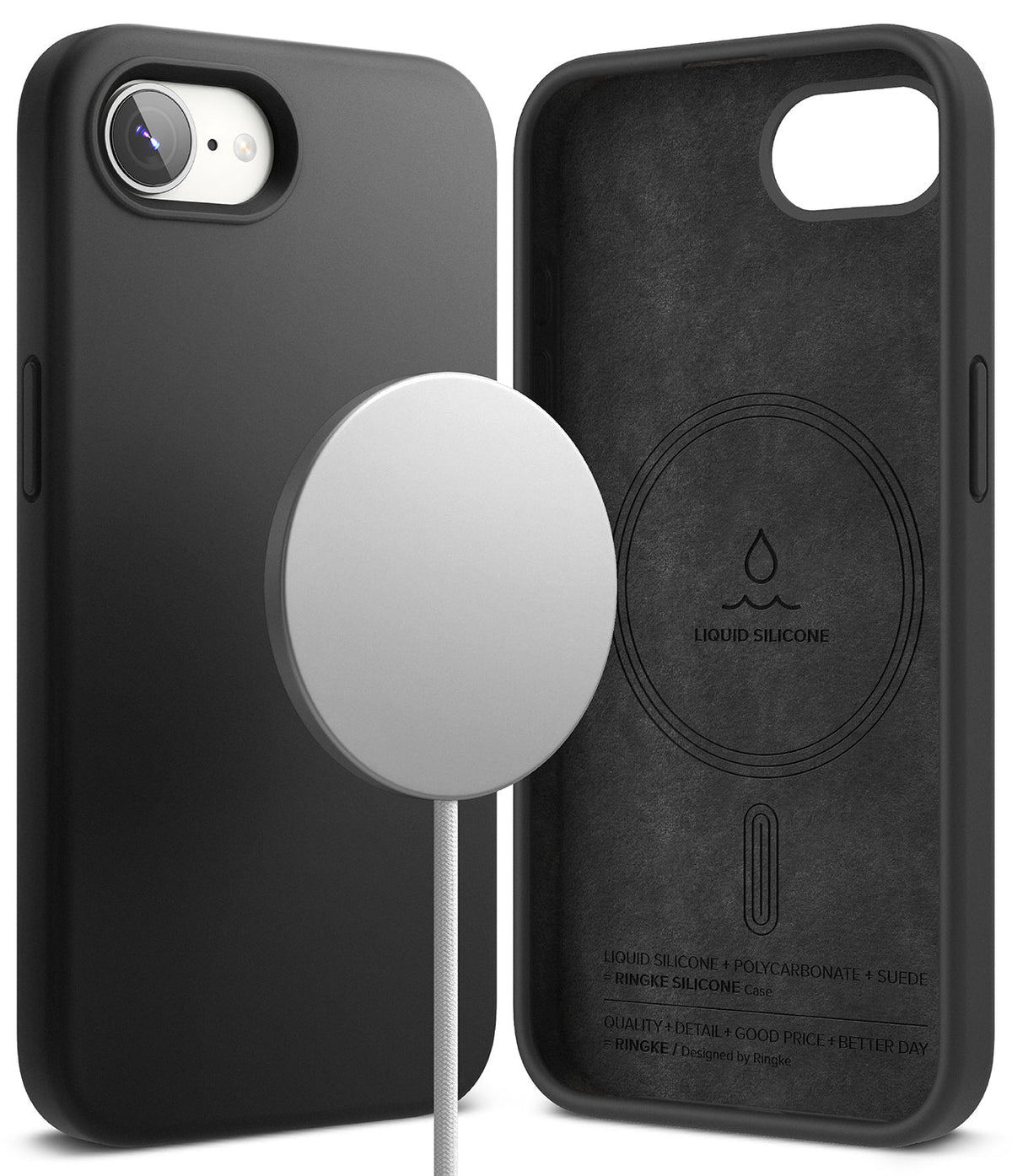 iPhone 16e Case | Silicone Magnetic - iPhone 16e Case - Black silicone magnetic case shown from front and back with a white magnetic charger attached.