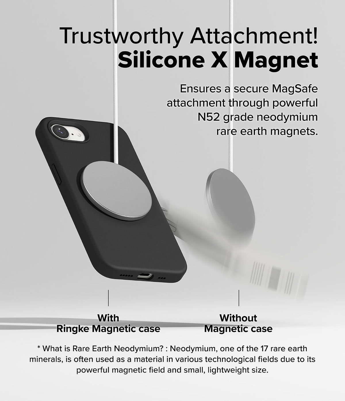 iPhone 16e Case | Silicone Magnetic - Comparison showing a magnetic charger attached to a phone case versus falling off.