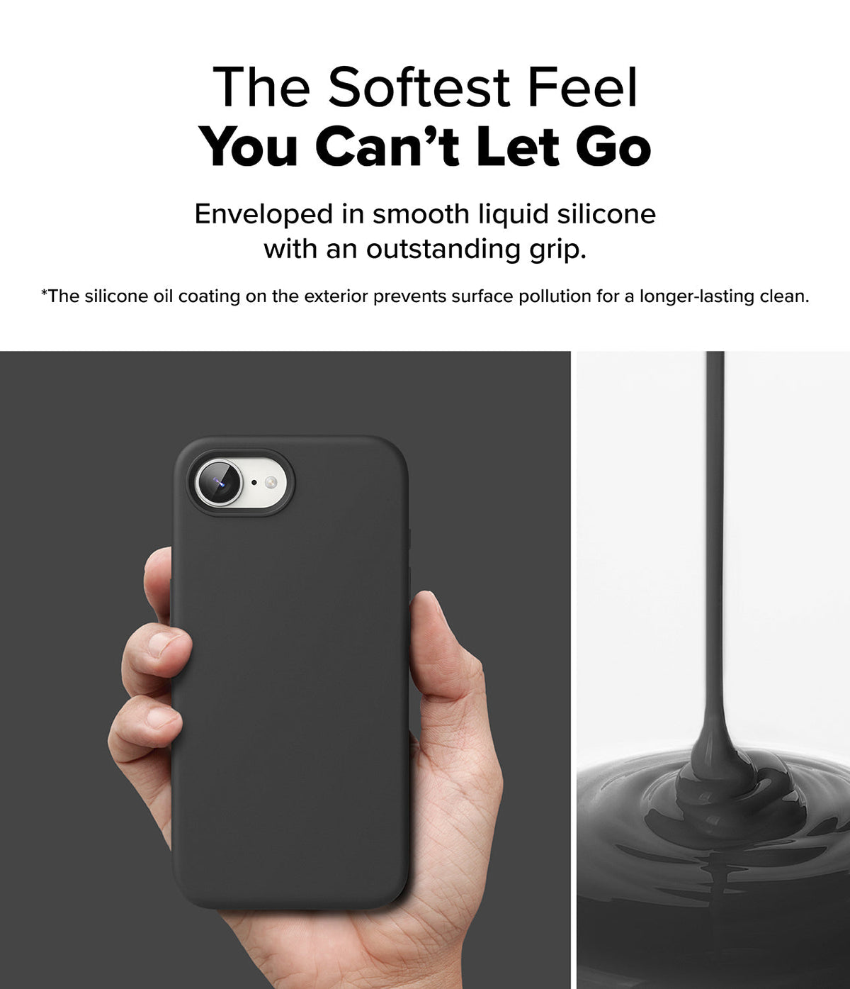 iPhone 16e Case | Silicone Magnetic - Hand holding a black silicone phone case next to a stream of liquid silicone.