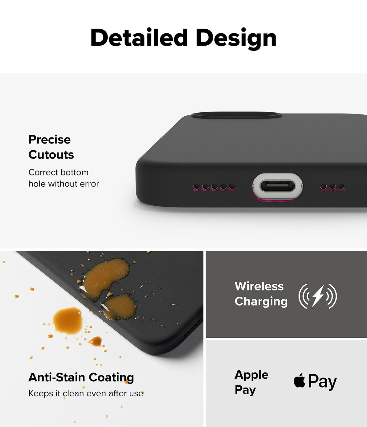 iPhone 16e Case | Silicone Magnetic - Black phone case showing precise port cutouts, anti-stain coating, and charging icons.