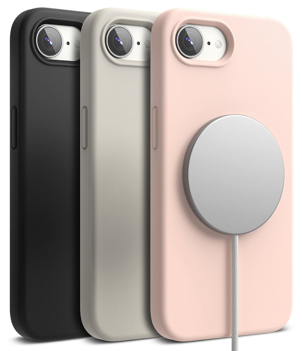 iPhone 16e Case | Silicone Magnetic - Three silicone phone cases in black, gray, and pink, with a magnetic charger attached.