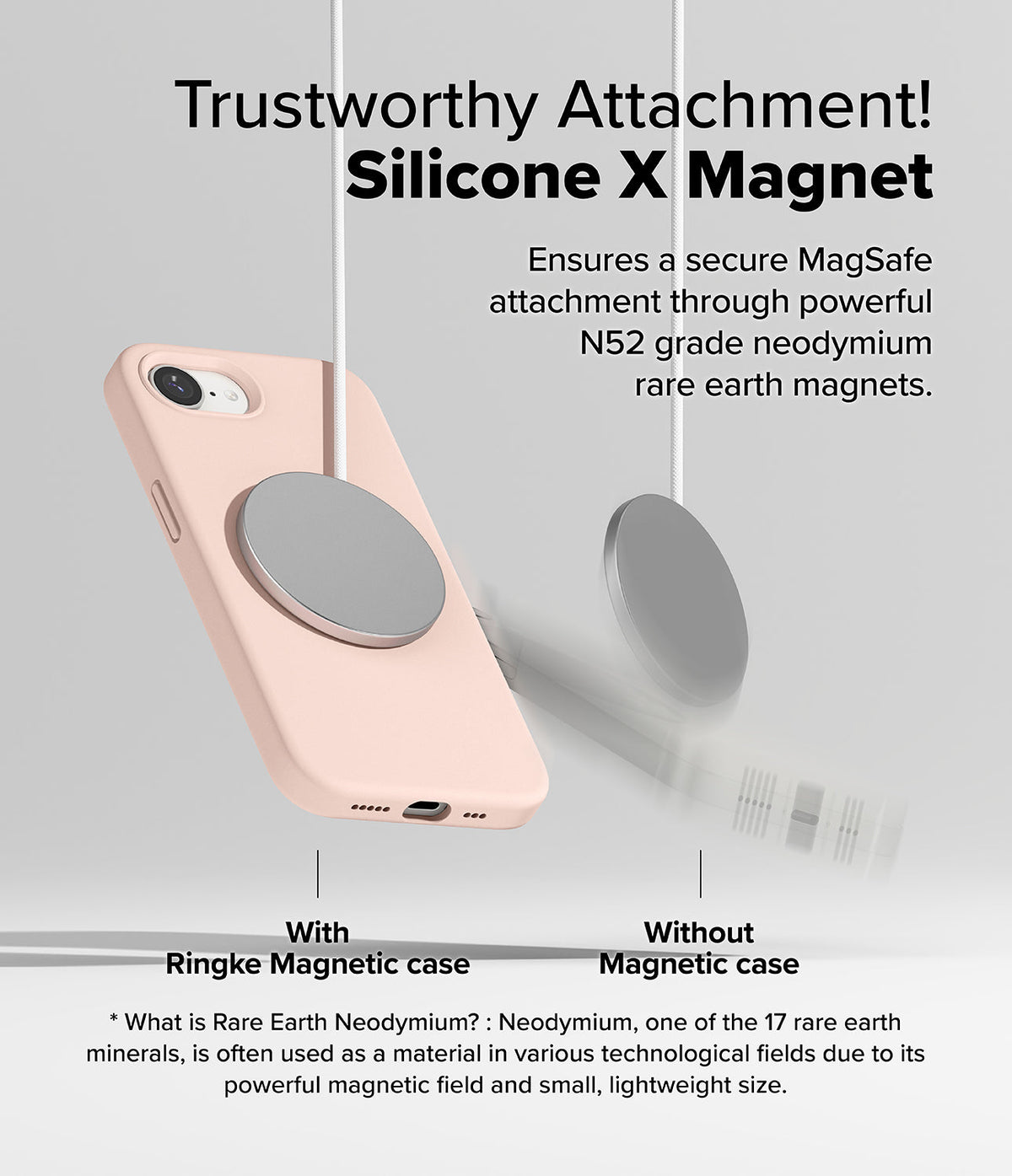 iPhone 16e Case | Silicone Magnetic - A pink phone case with a magnetic charger attached, compared to a charger falling away.