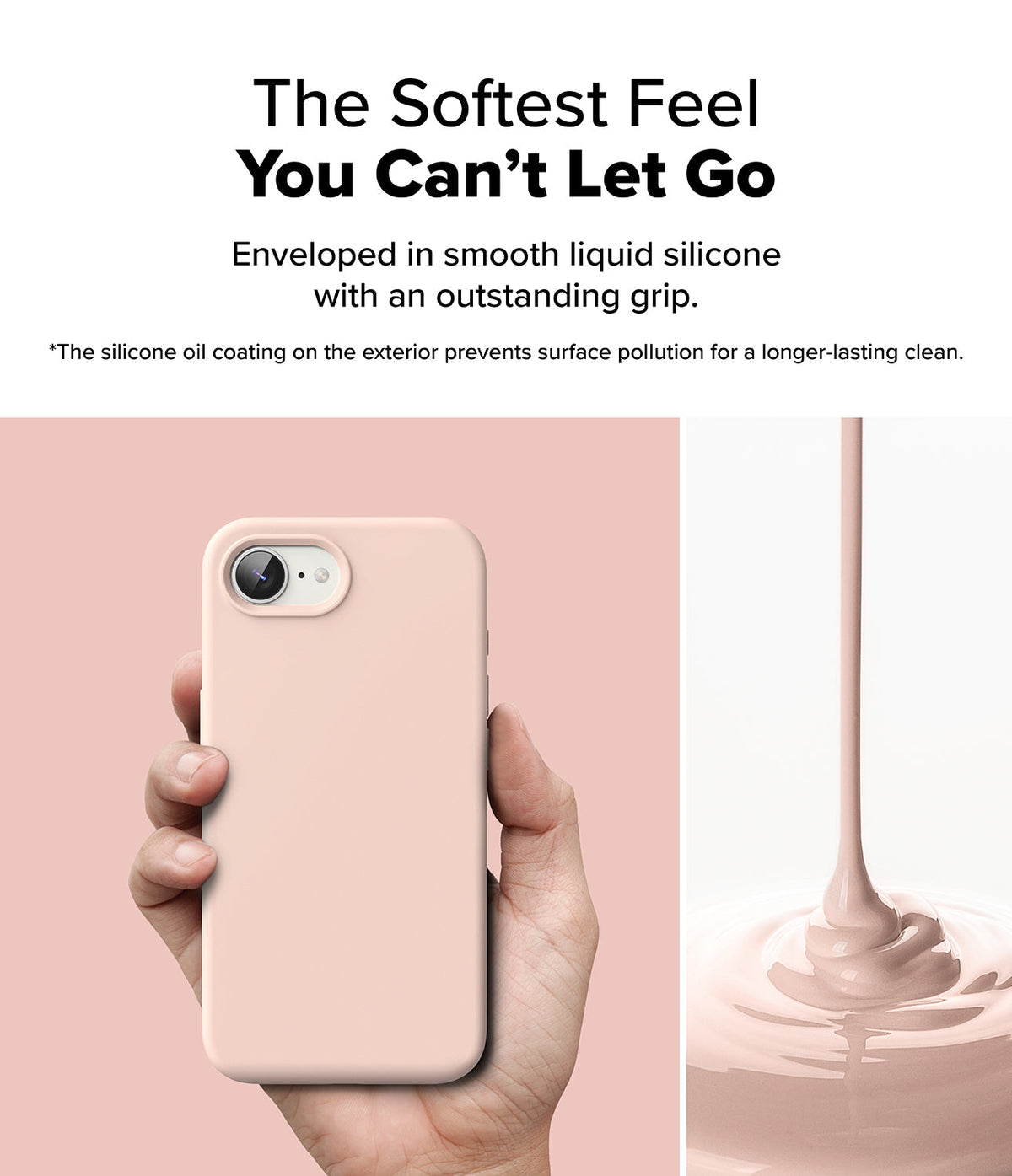 iPhone 16e Case | Silicone Magnetic - Hand holding a soft pink silicone phone case next to liquid silicone pouring.