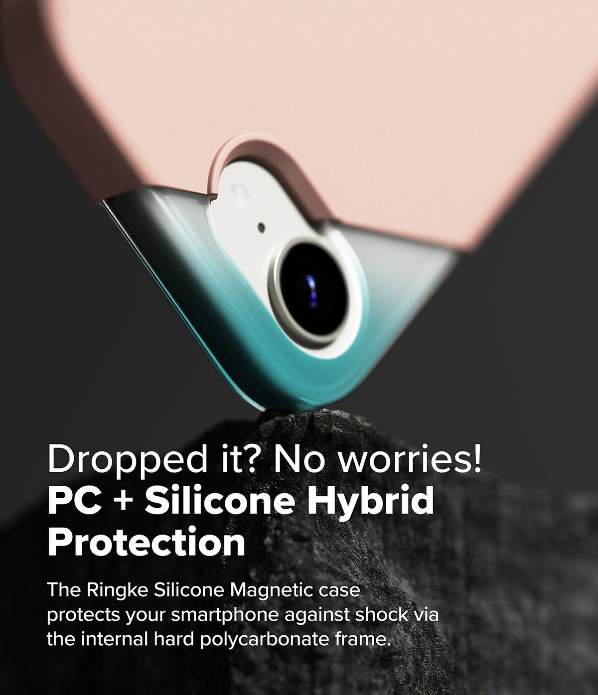 iPhone 16e Case | Silicone Magnetic - Pink silicone phone case with a hard polycarbonate frame resting on a rock.