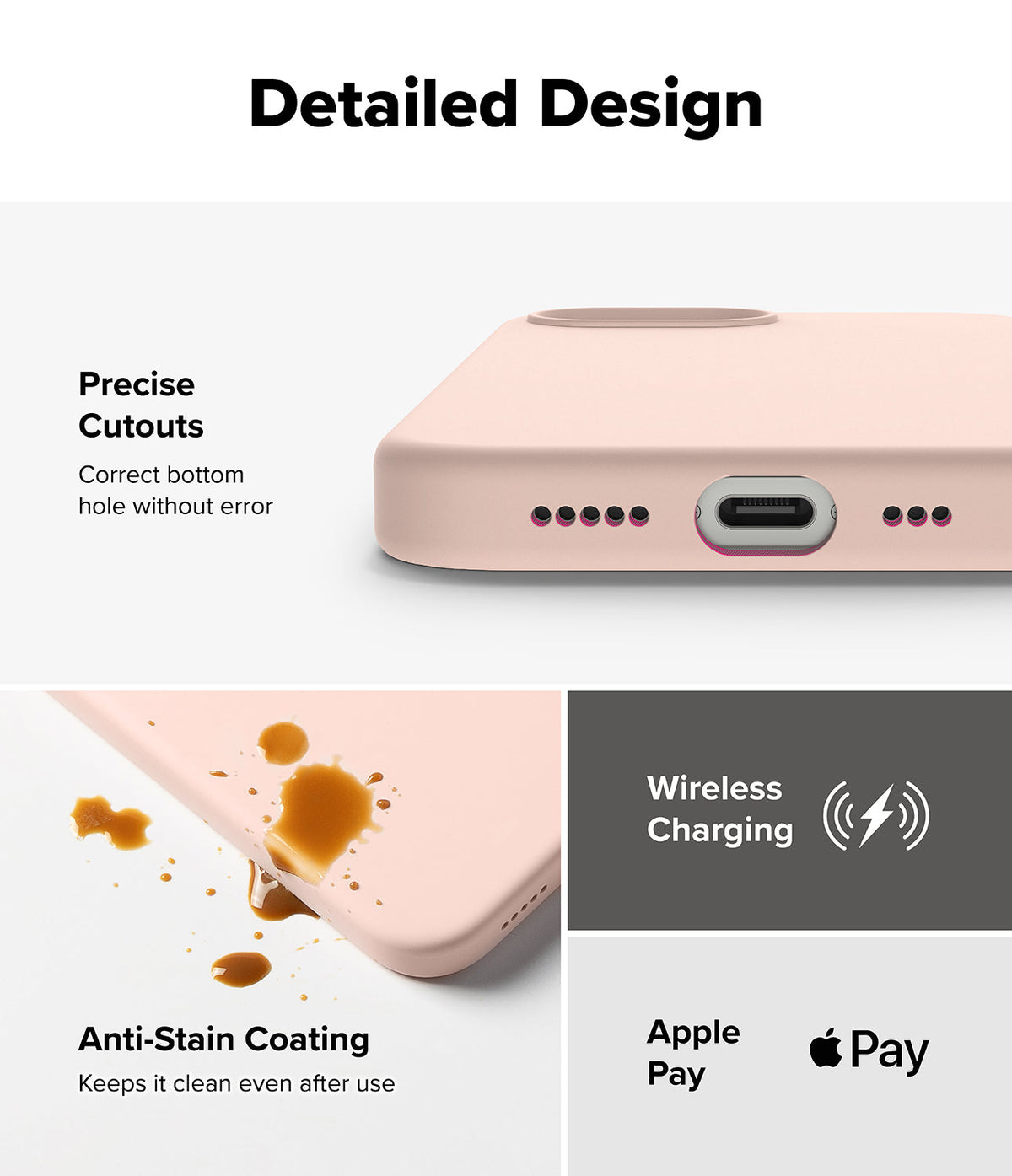 iPhone 16e Case | Silicone Magnetic - Pink silicone phone case showing precise port cutouts, anti-stain surface, and wireless charging.