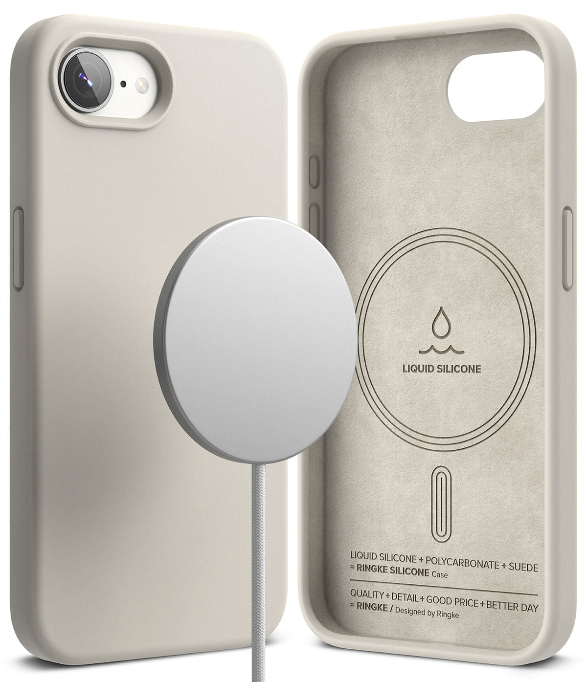 iPhone 16e Case | Silicone Magnetic - Beige silicone phone case with magnetic charger and suede-lined interior.