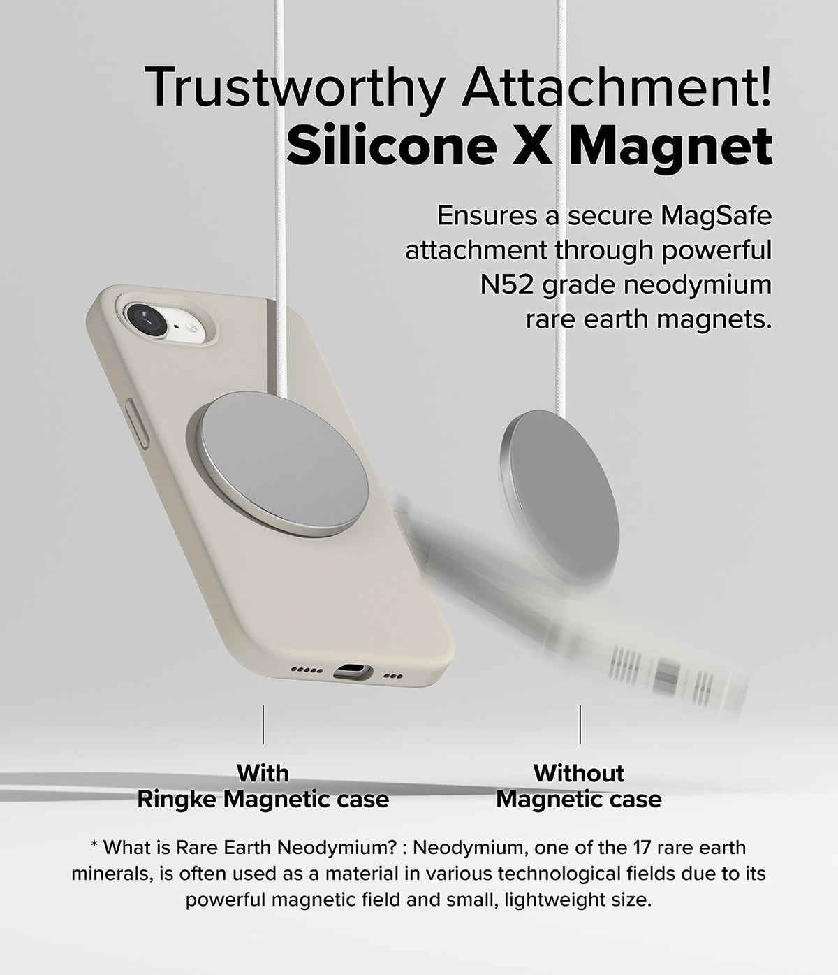 iPhone 16e Case | Silicone Magnetic - A beige phone case magnetically attached to a charger versus a falling phone.