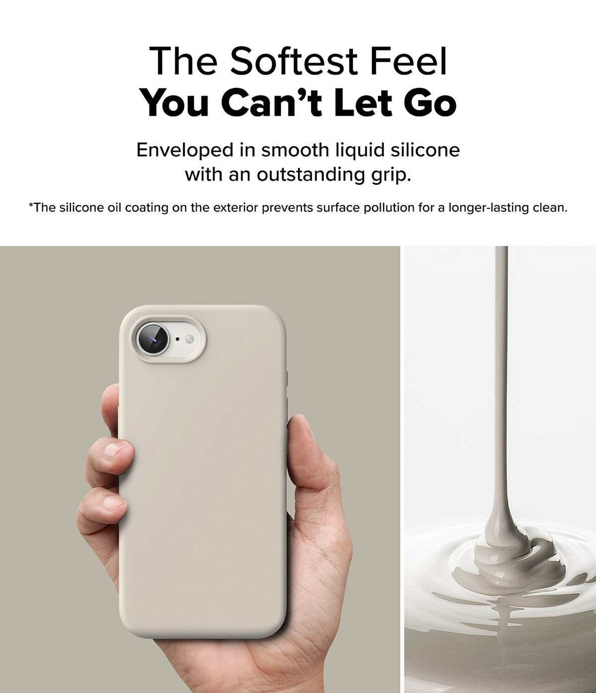 iPhone 16e Case | Silicone Magnetic - Hand holding a beige silicone phone case next to liquid silicone pouring.