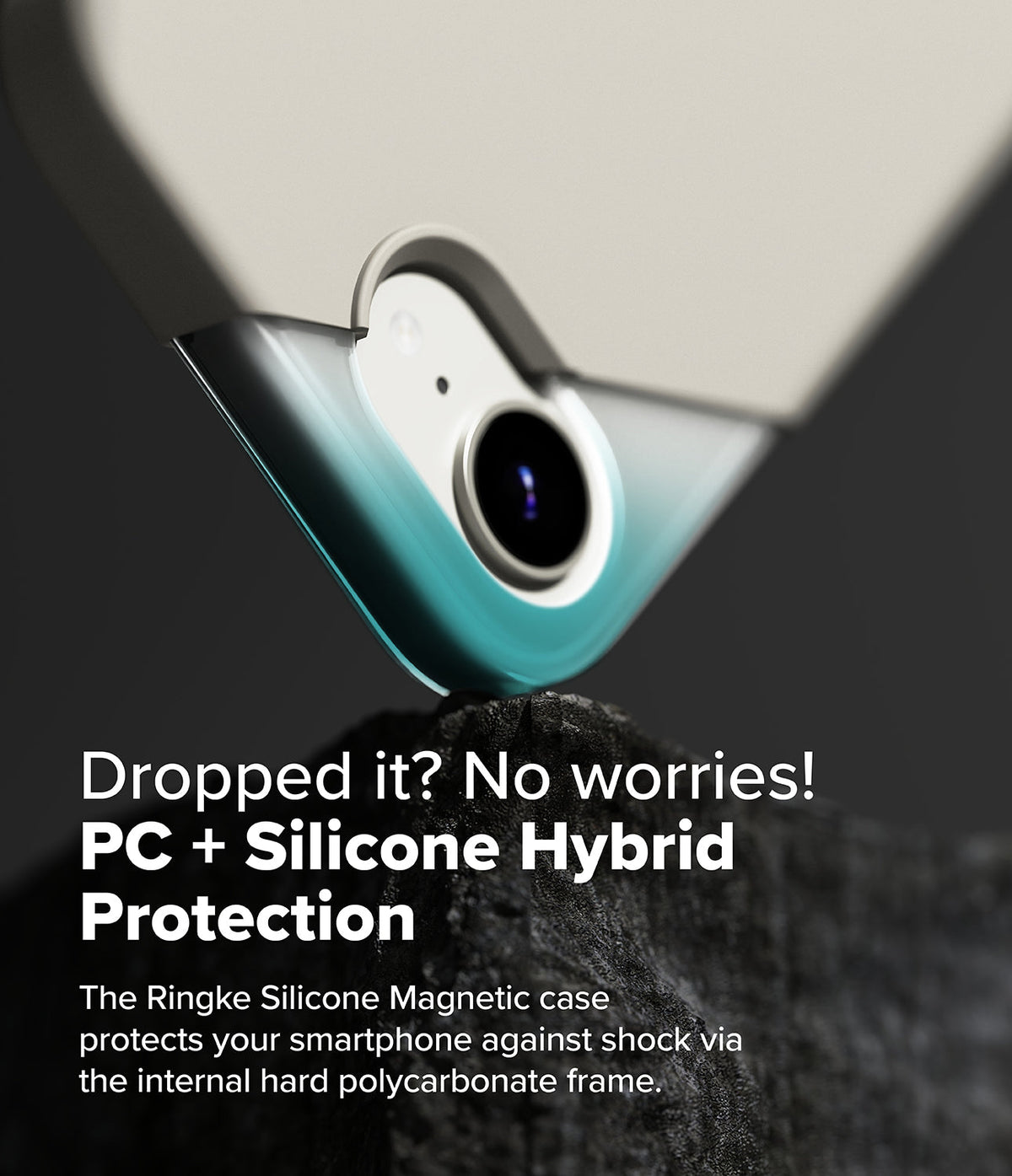 iPhone 16e Case | Silicone Magnetic - Close-up of a phone case resting on a rock, highlighting its hybrid silicone and polycarbonate frame.