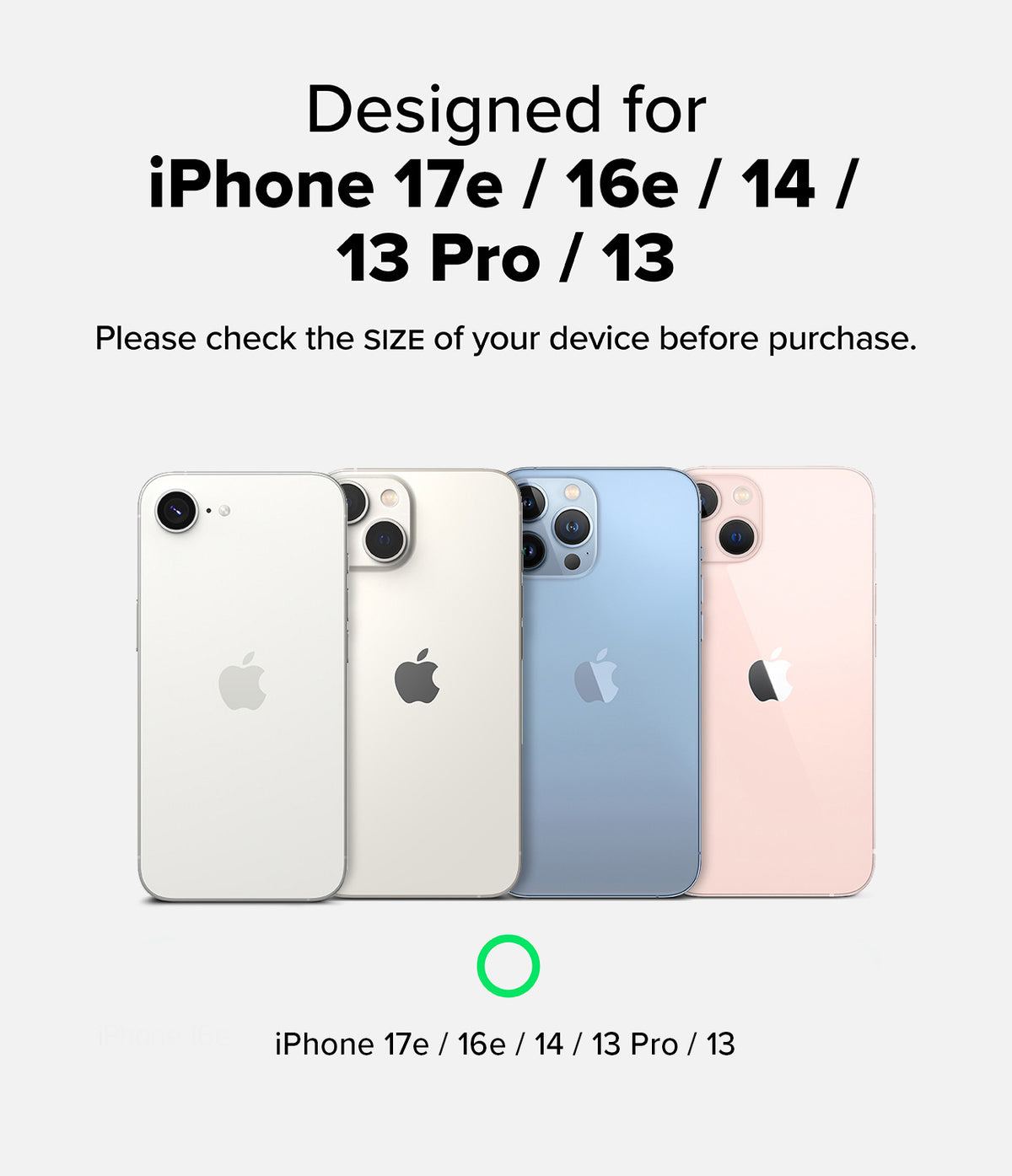 iPhone 17e / 16e Screen Protector | Easy Slide Privacy Tempered Glass - iPhone 17e / 16e Screen Protector - Four iPhones in different colors displayed with compatibility text for various models.