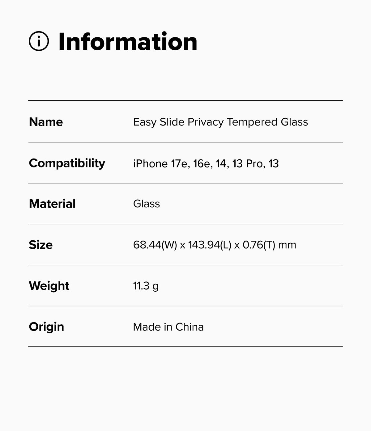 iPhone 17e / 16e Screen Protector | Easy Slide Privacy Tempered Glass - Information table listing product specs.