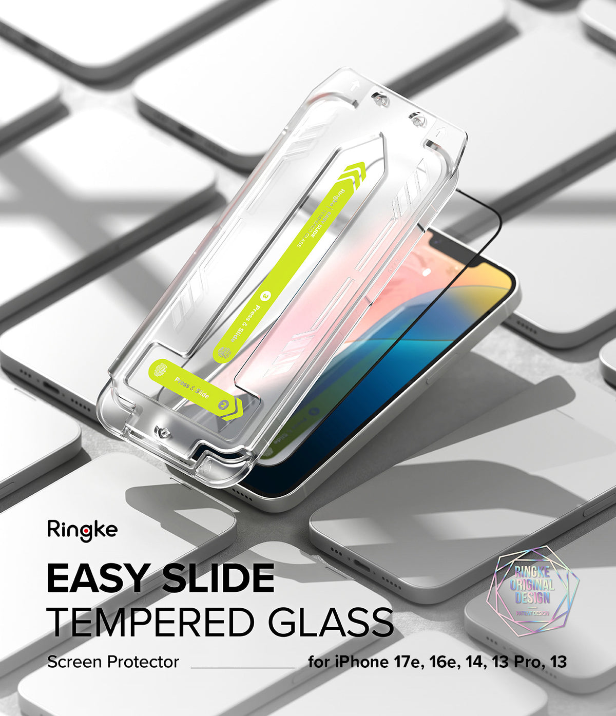 iPhone 17e / 16e Screen Protector | Easy Slide Tempered Glass - iPhone 17e / 16e Screen Protector - Clear installation frame with green guide stickers hovering over an iPhone screen.