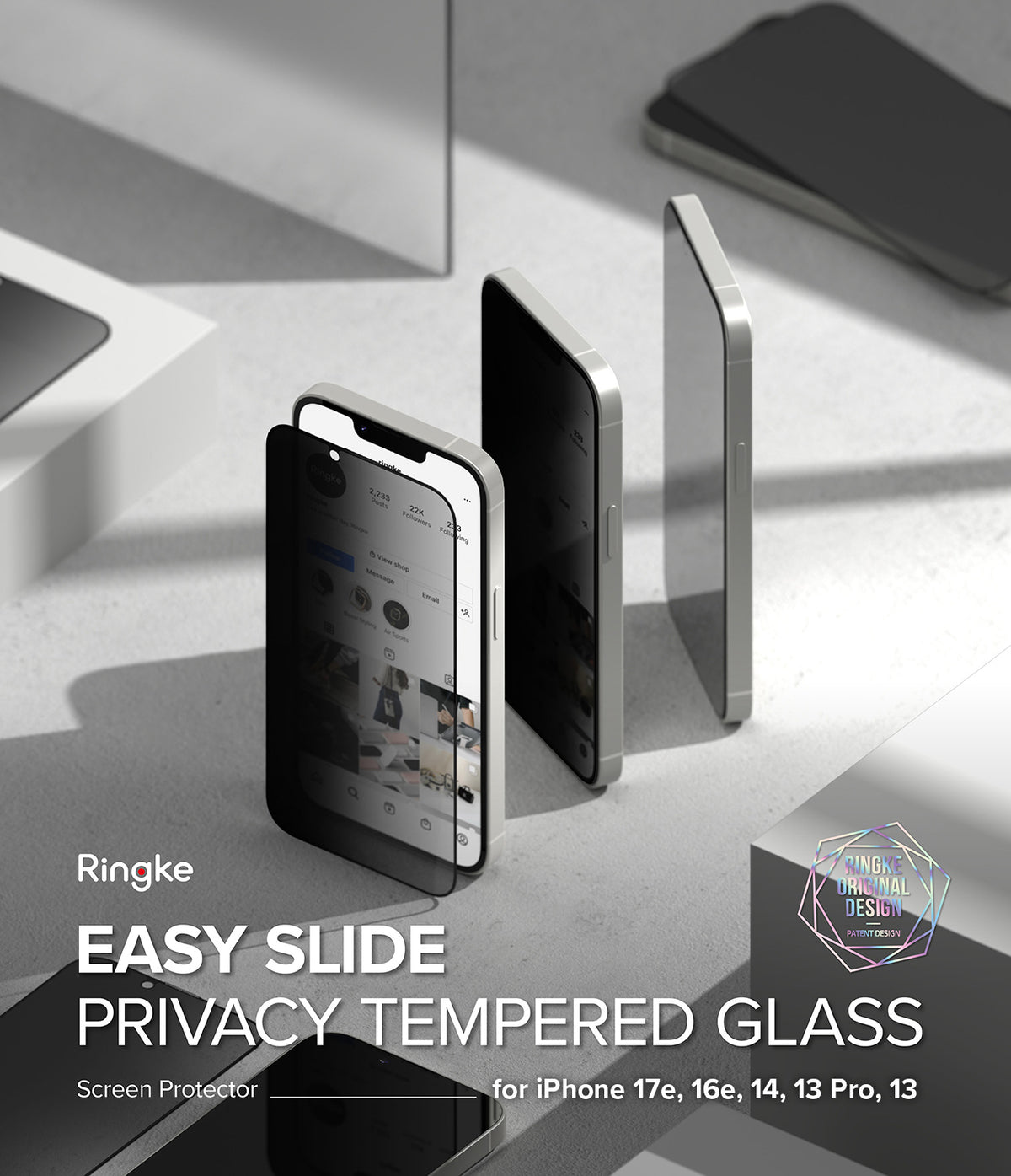 iPhone 17e / 16e Screen Protector | Easy Slide Privacy Tempered Glass - iPhone 17e / 16e Screen Protector - Privacy tempered glass being applied to a smartphone screen on a minimalist surface.