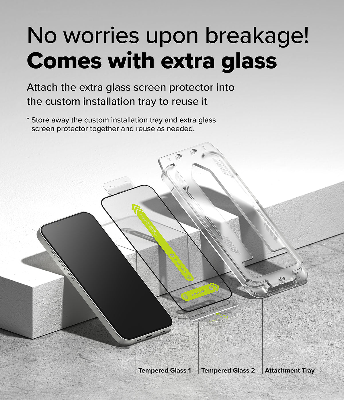 iPhone 17e / 16e Screen Protector | Easy Slide Tempered Glass - iPhone 17e / 16e Screen Protector - Smartphone, two tempered glass protectors, and an installation tray on a white block.