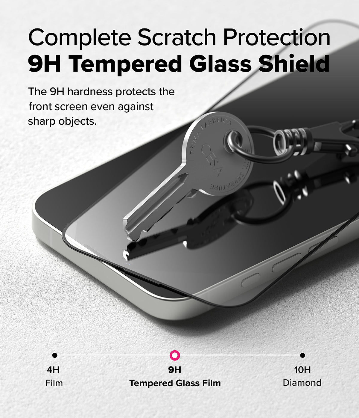 iPhone 17e / 16e Screen Protector | Easy Slide Tempered Glass - iPhone 17e / 16e Screen Protector - A metal key rests on a smartphone screen protected by a 9H tempered glass film.