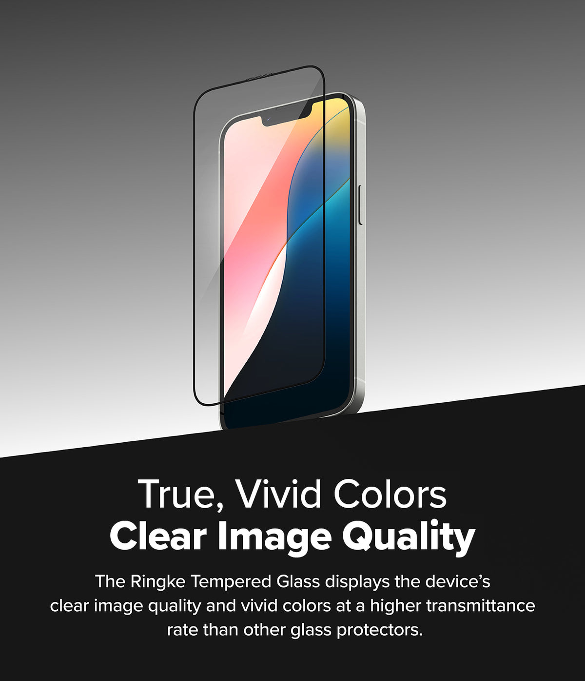 iPhone 17e / 16e Screen Protector | Easy Slide Tempered Glass - iPhone 17e / 16e Screen Protector - Tempered glass screen protector hovering over a smartphone with a colorful display.