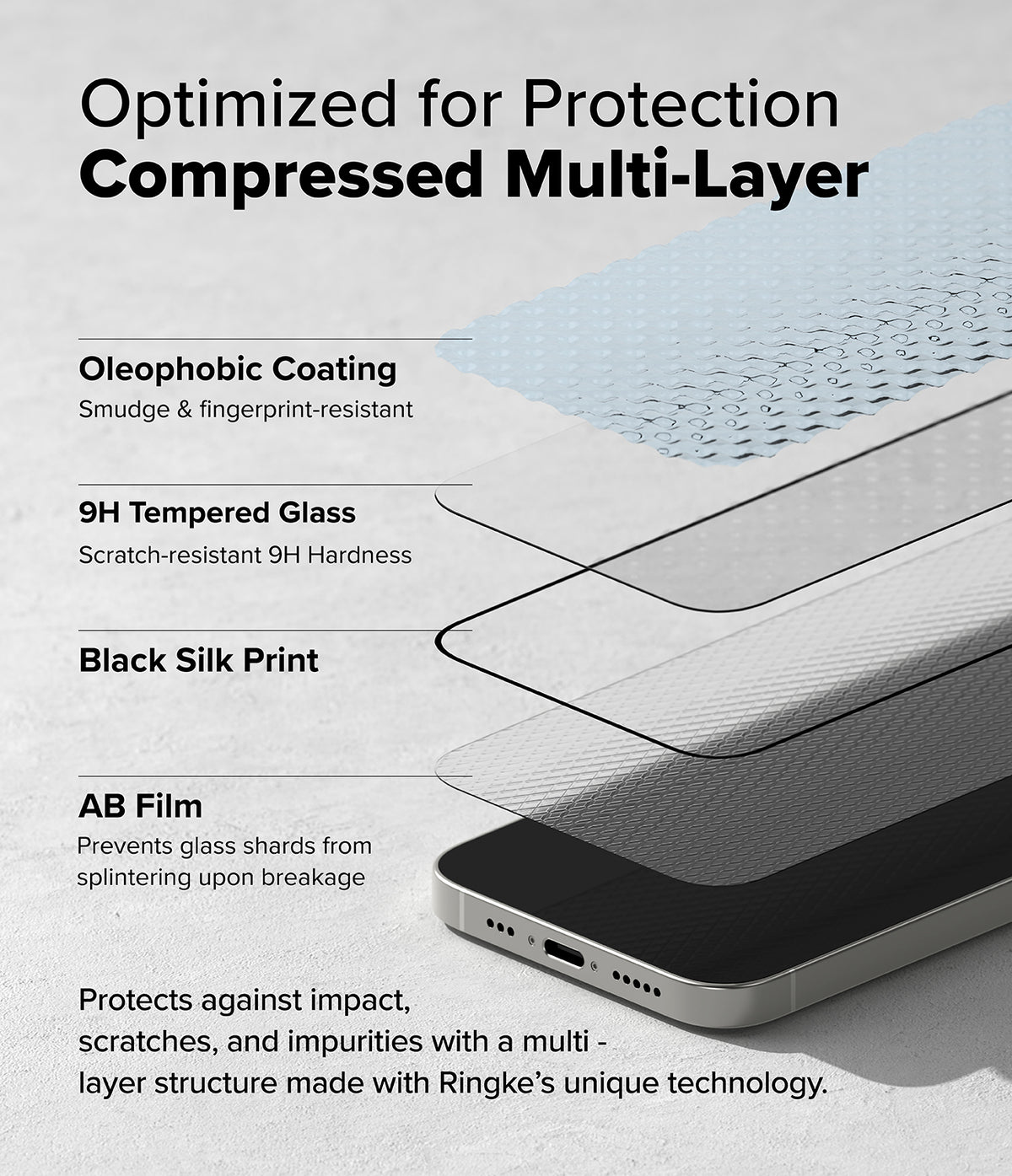 iPhone 17e / 16e Screen Protector | Easy Slide Tempered Glass - iPhone 17e / 16e Screen Protector - Exploded view showing multi-layer tempered glass structure over a smartphone screen.