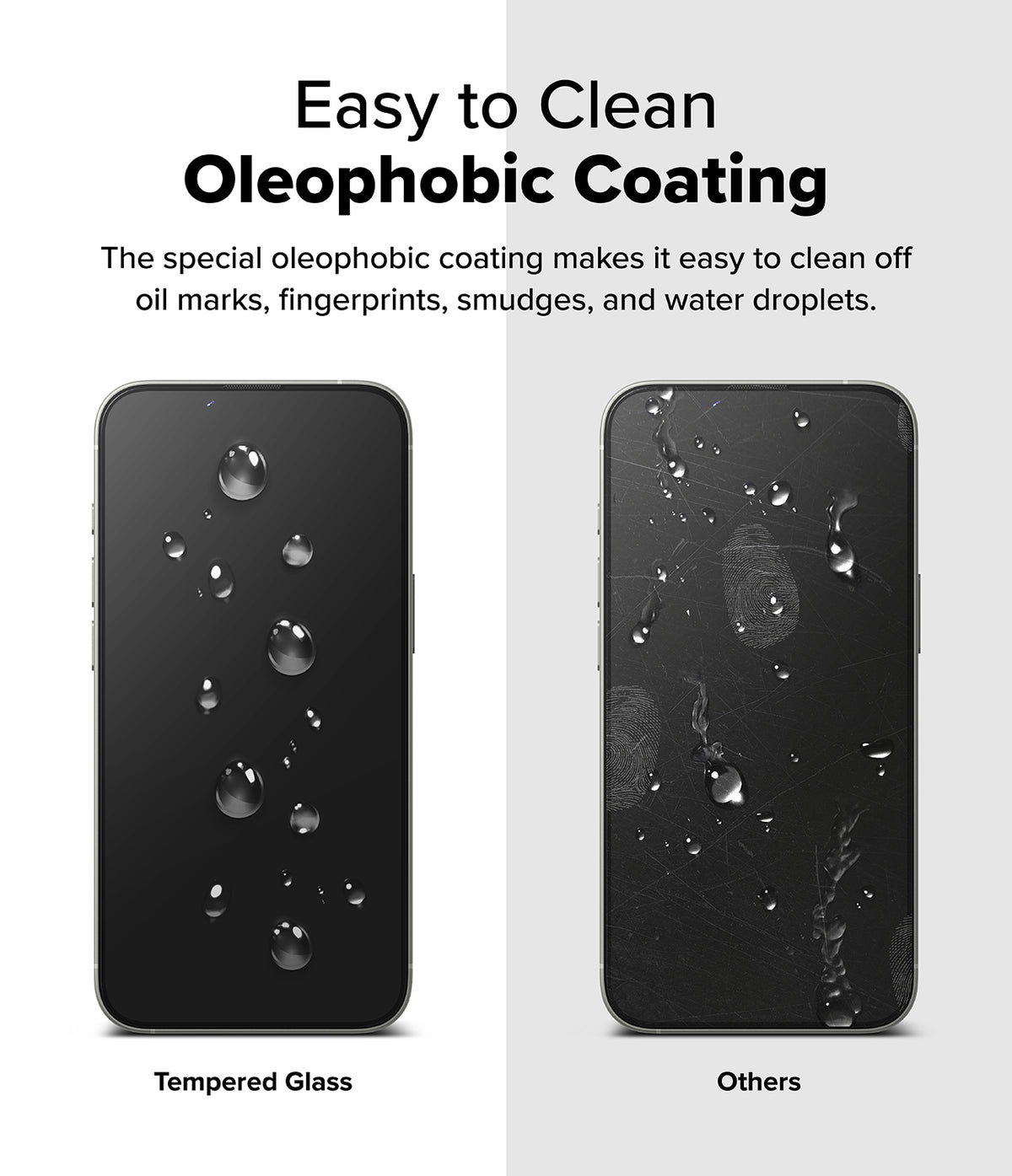 iPhone 17e / 16e Screen Protector | Easy Slide Tempered Glass - iPhone 17e / 16e Screen Protector - Comparison showing clean tempered glass with water beads versus smudged glass.