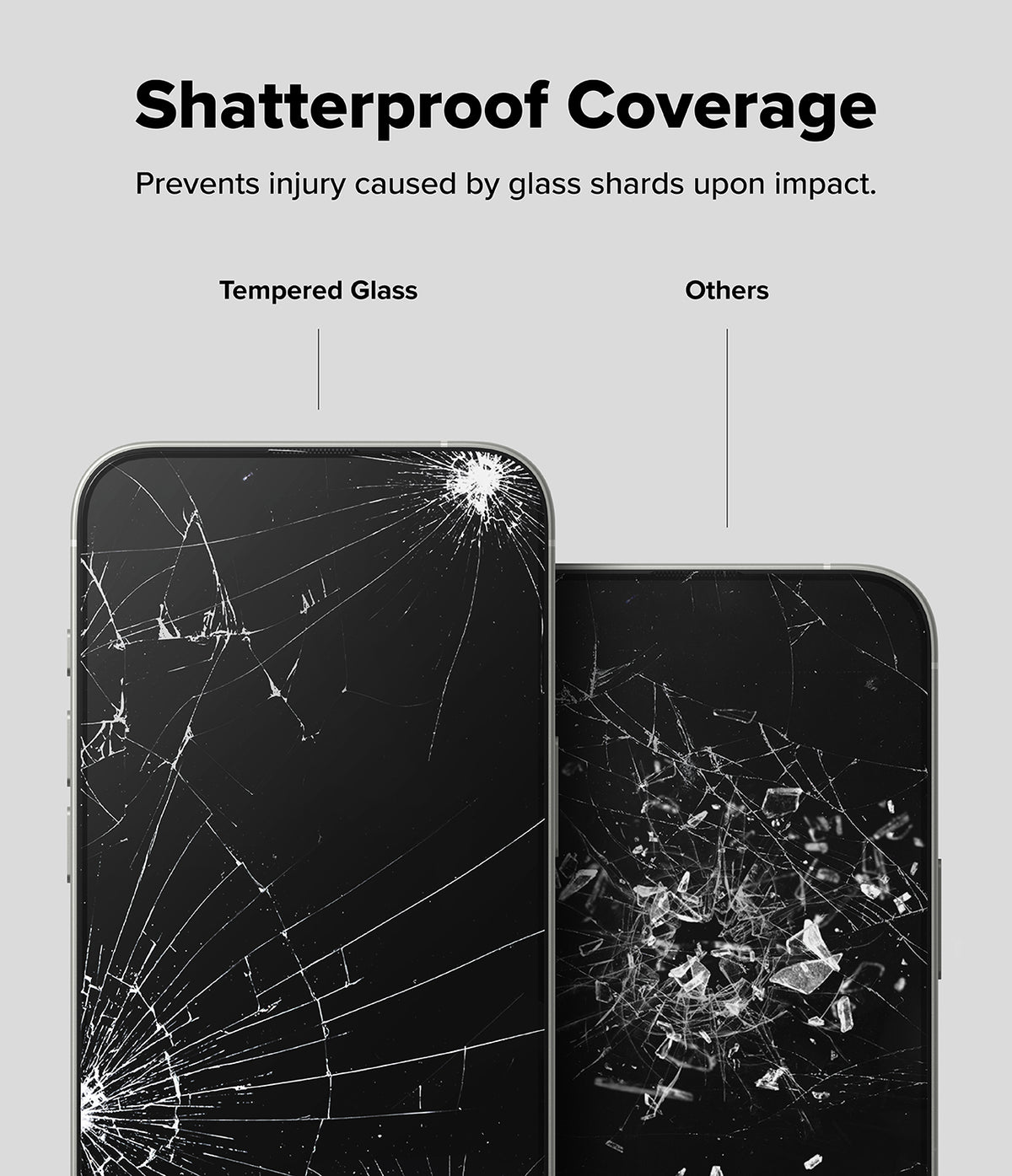 iPhone 17e / 16e Screen Protector | Easy Slide Tempered Glass - iPhone 17e / 16e Screen Protector - Comparison showing tempered glass cracking safely versus others shattering.
