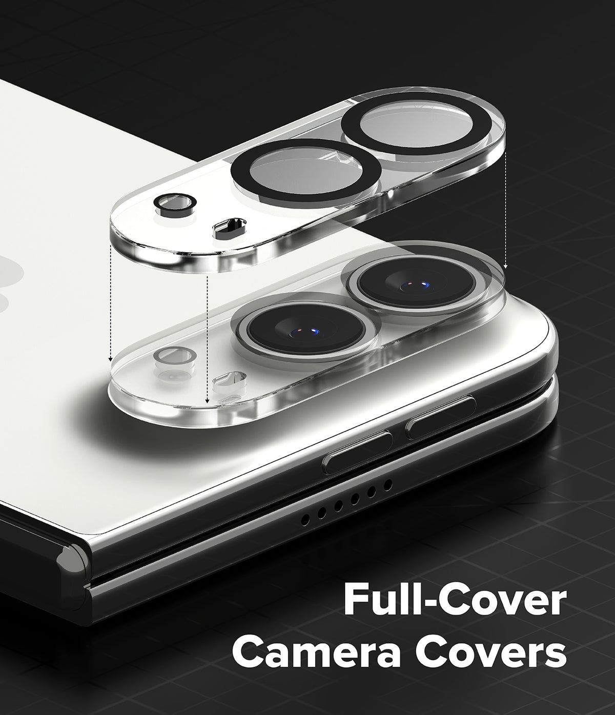 iPhone Duo | Camera Full Cover Tempered Glass (2P) - Two clear full-cover camera lens protectors shown floating above a smartphone, with the text 'Full-Cover Camera Covers' on a dark background.