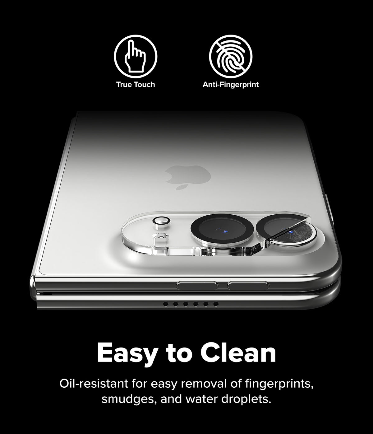 iPhone Duo | Camera Full Cover Tempered Glass (2P) - A silver smartphone case shown on a black background with feature icons for True Touch and Anti-Fingerprint, plus text reading 'Easy to Clean' and a description of oil-resistant fingerprint removal.