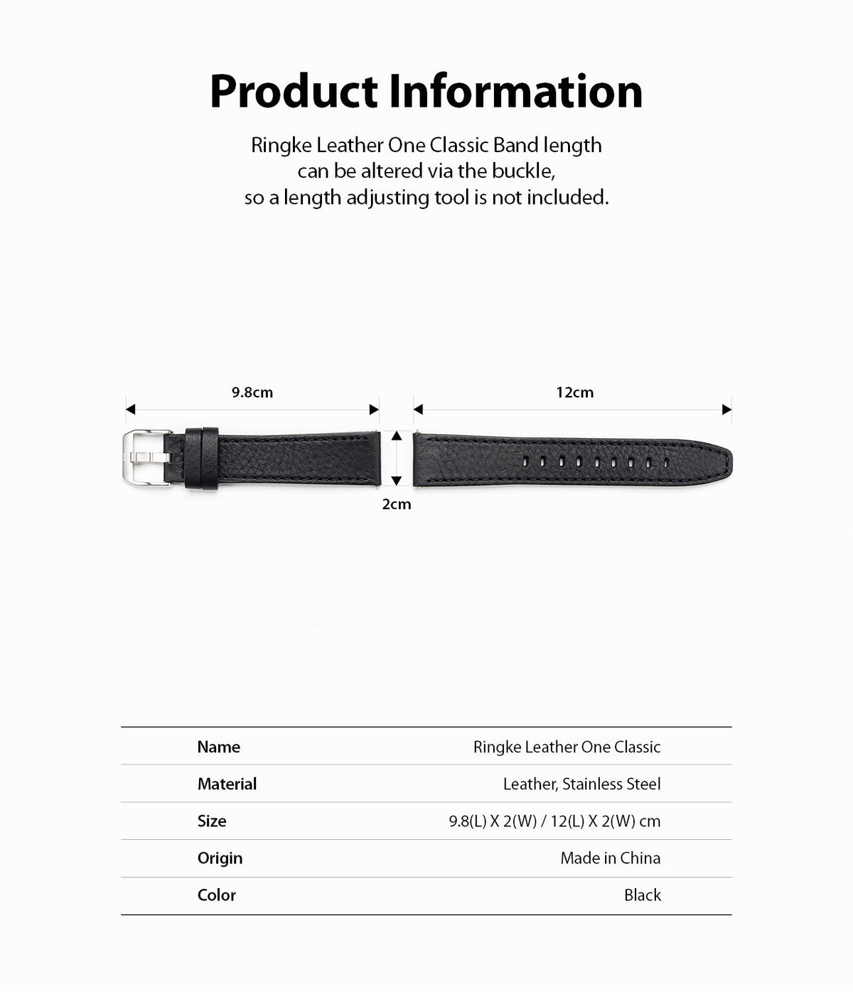 Watch Lug 20mm | Leather One Classic Band - Technical diagram showing dimensions of a black leather watch strap.