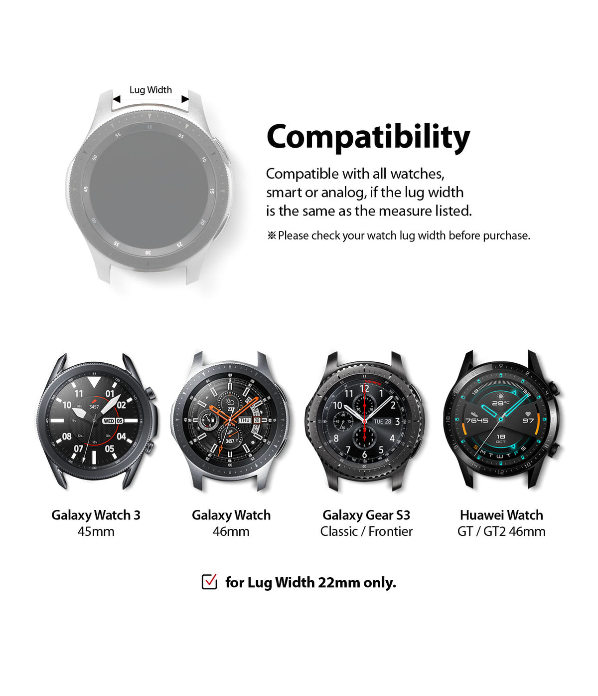Watch Lug 22mm | Leather One Classic Band - Diagram showing 22mm lug width compatibility for various smartwatches.