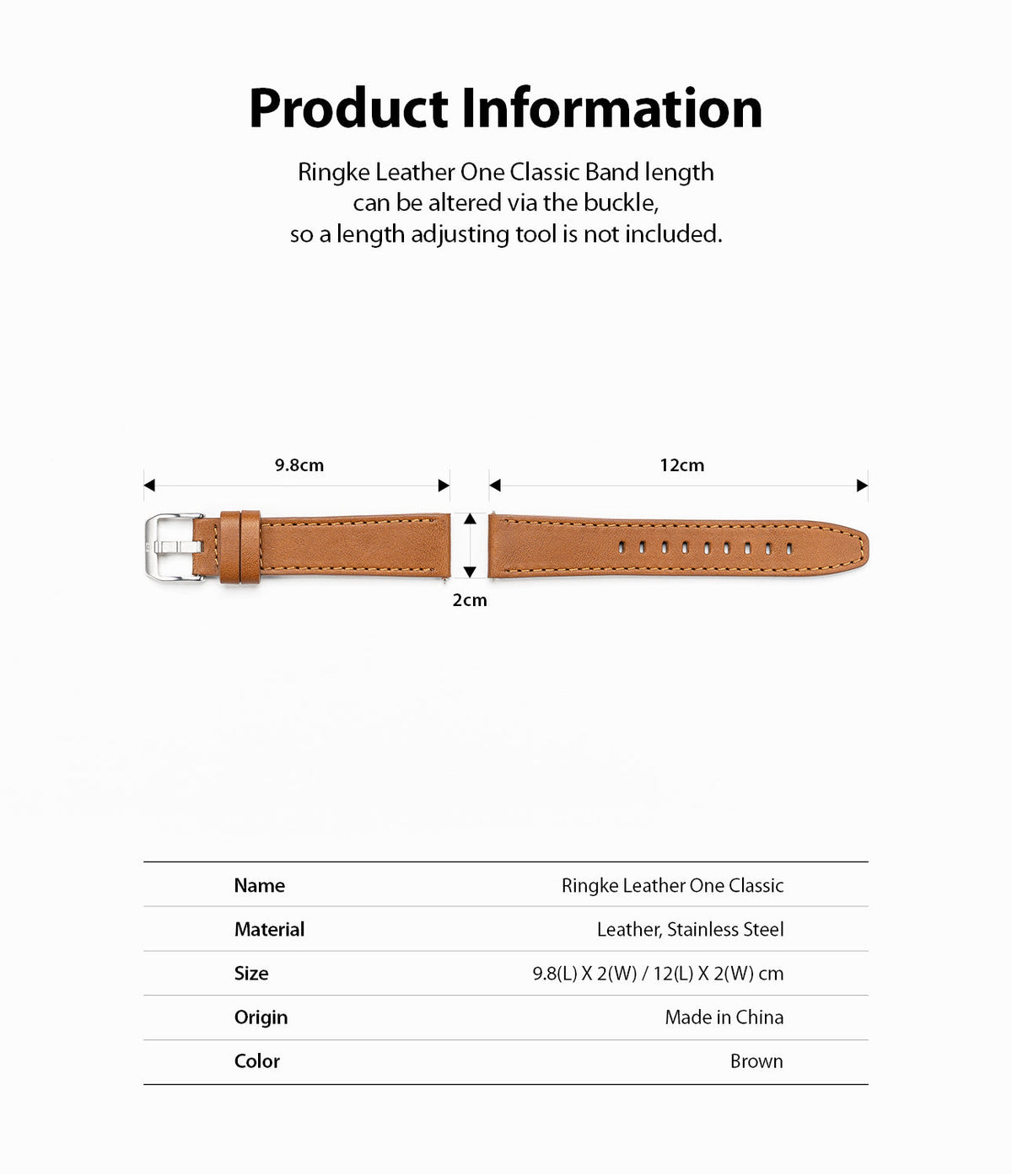 Watch Lug 20mm | Leather One Classic Band - Brown leather watch strap with dimensions labeled 9.8cm, 12cm, and 2cm.