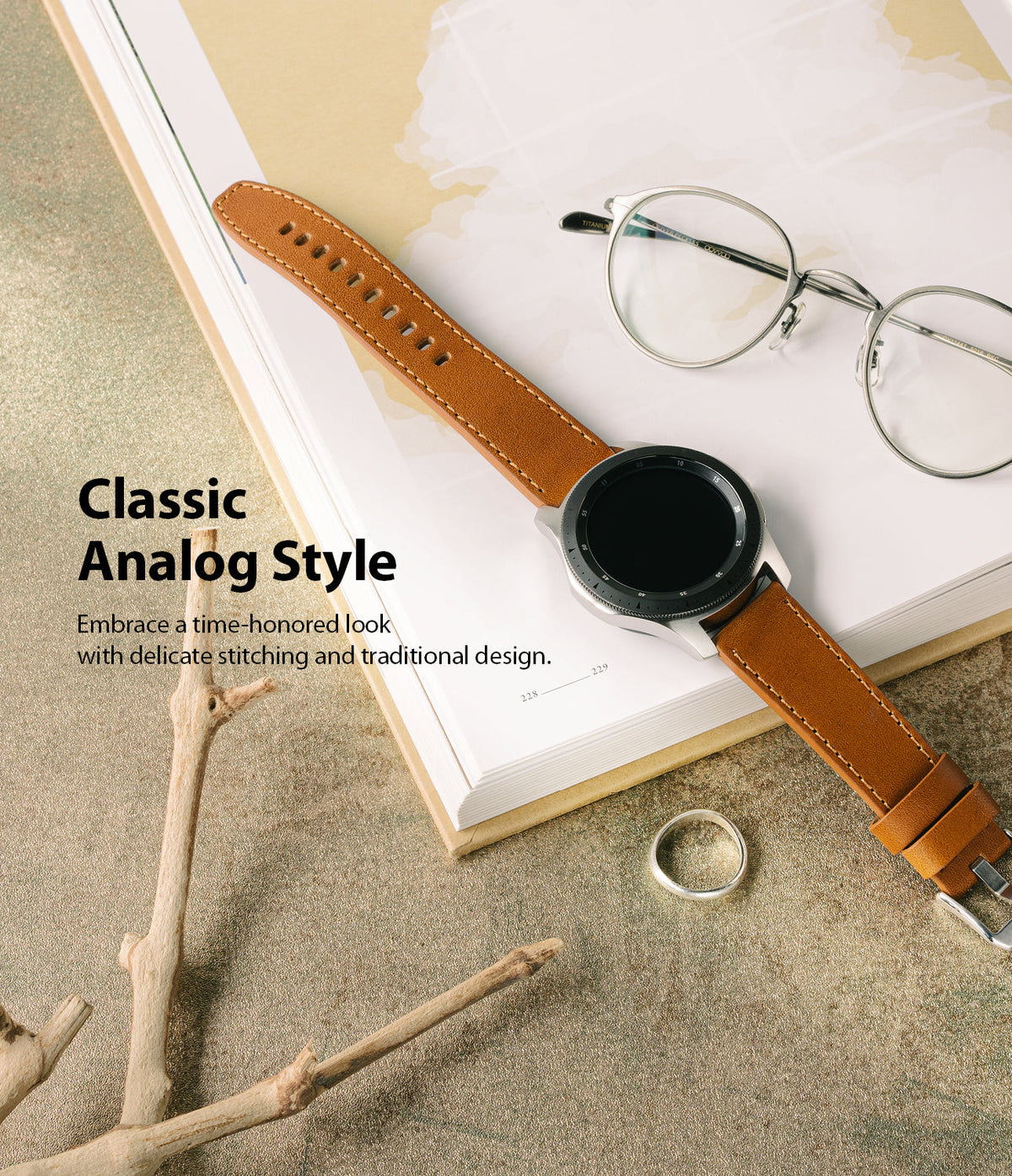 Watch Lug 22mm | Leather One Classic Band - Smartwatch with brown leather strap, glasses, and ring on an open book.