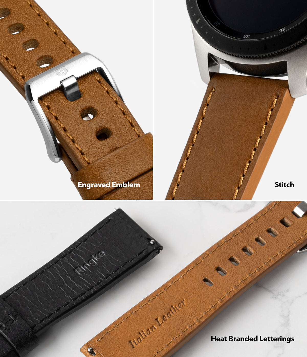Watch Lug 20mm | Leather One Classic Band - Close-ups of tan leather watch strap showing buckle, stitching, and branding.