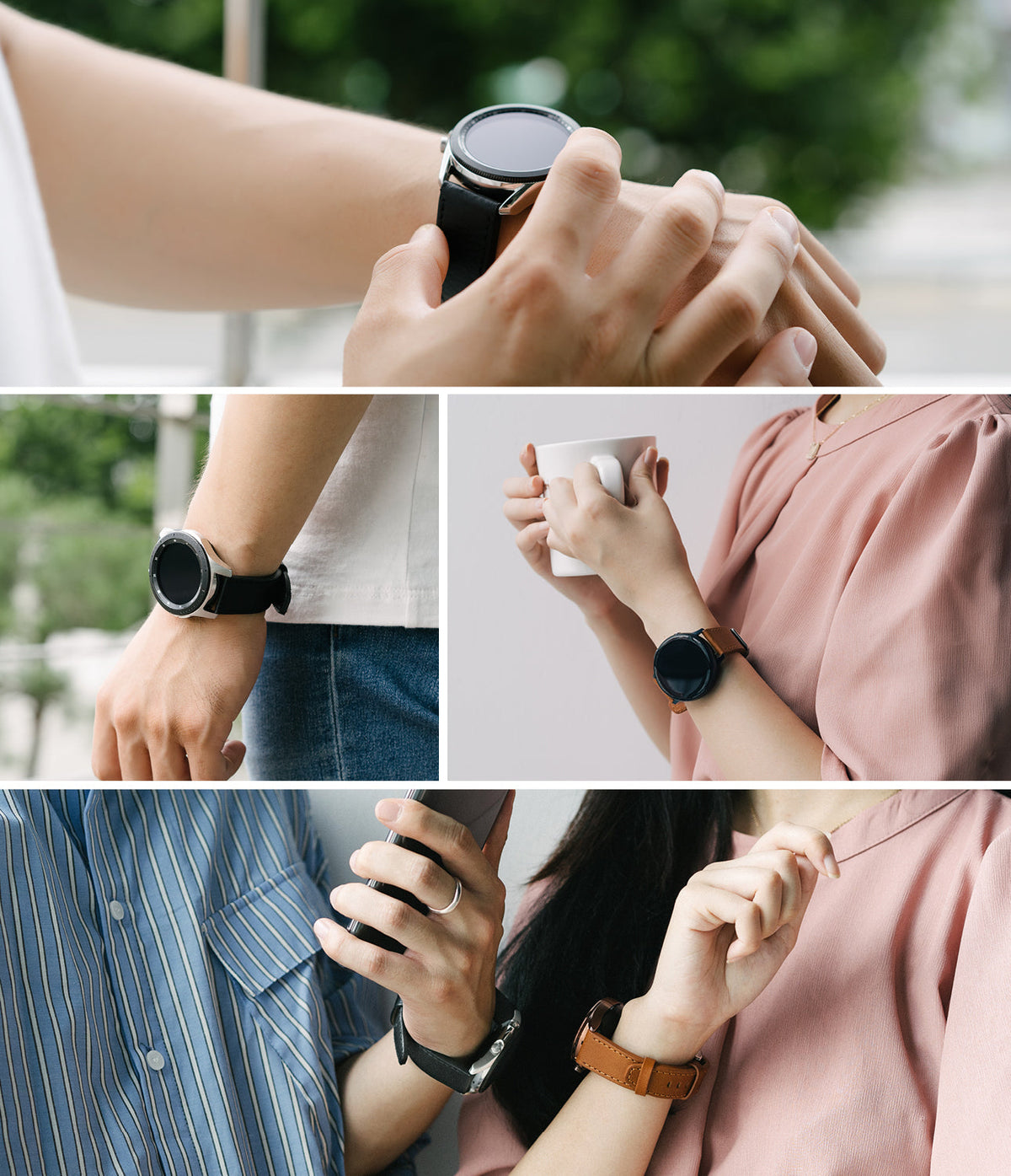 Watch Lug 20mm | Leather One Classic Band - Collage of people wearing smartwatches with black and brown leather bands.