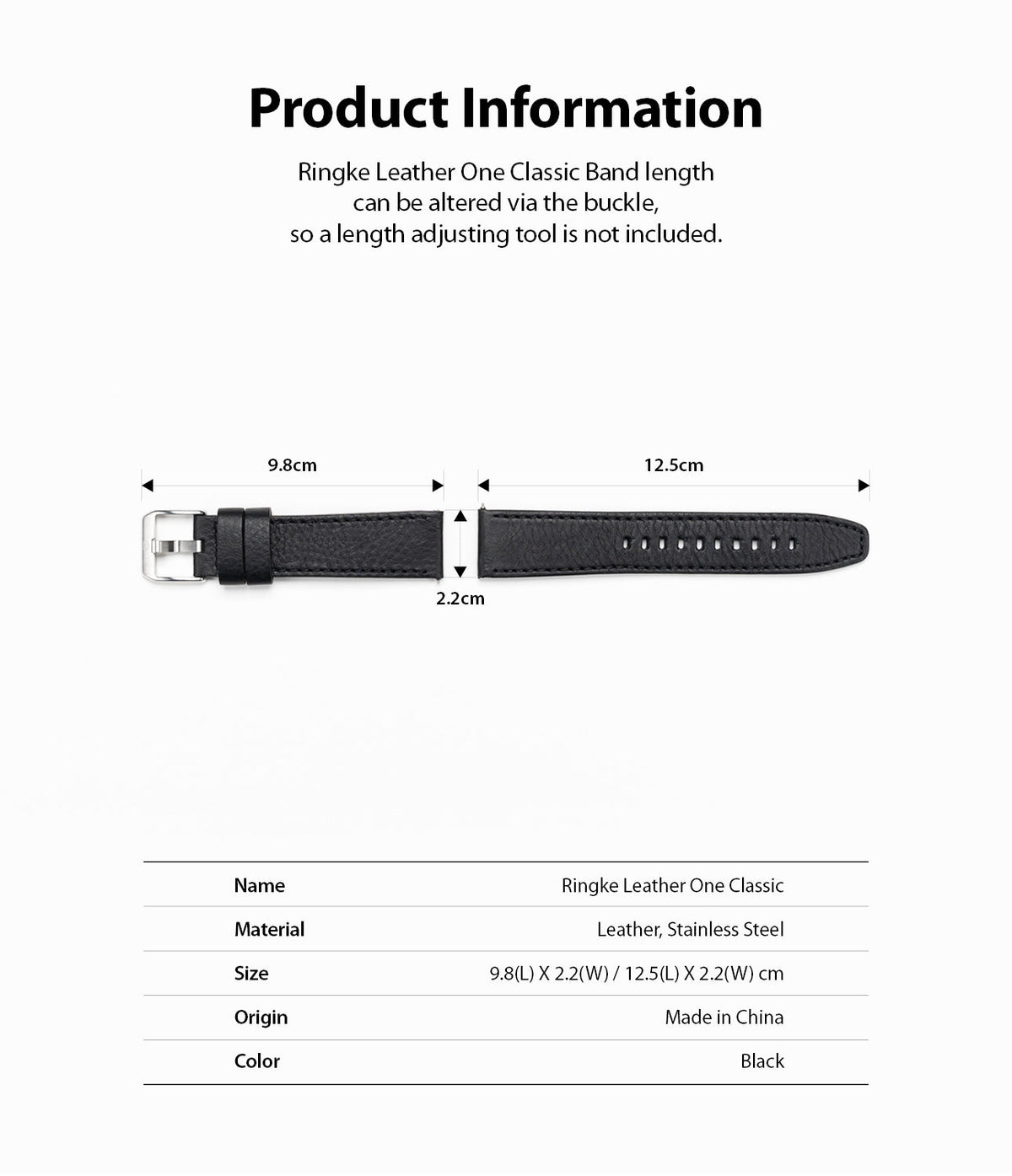 Watch Lug 22mm | Leather One Classic Band - Diagram showing dimensions of a black leather watch strap with buckle.